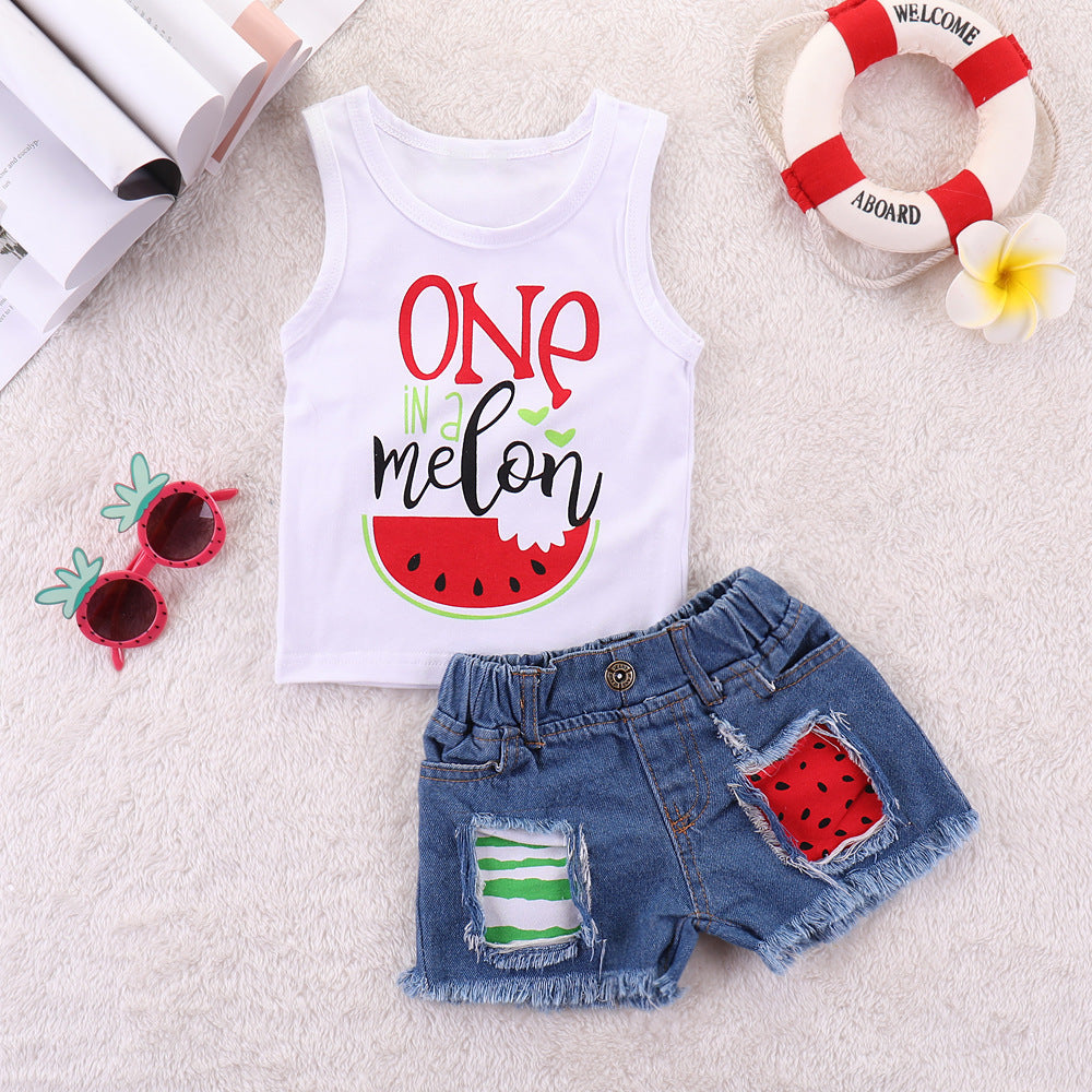 Baby Letter Watermelon Print Hole Denim Two-piece Suit