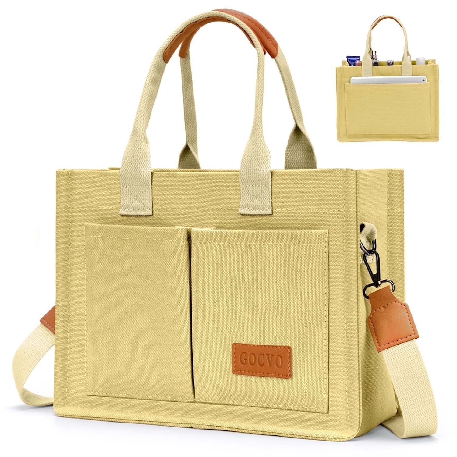 Gocvo Canvas Tote Bag for Women, Large Multi-Pocket Shoulder Handbag, Crossbody Messenger Bag, Khaki Plaid