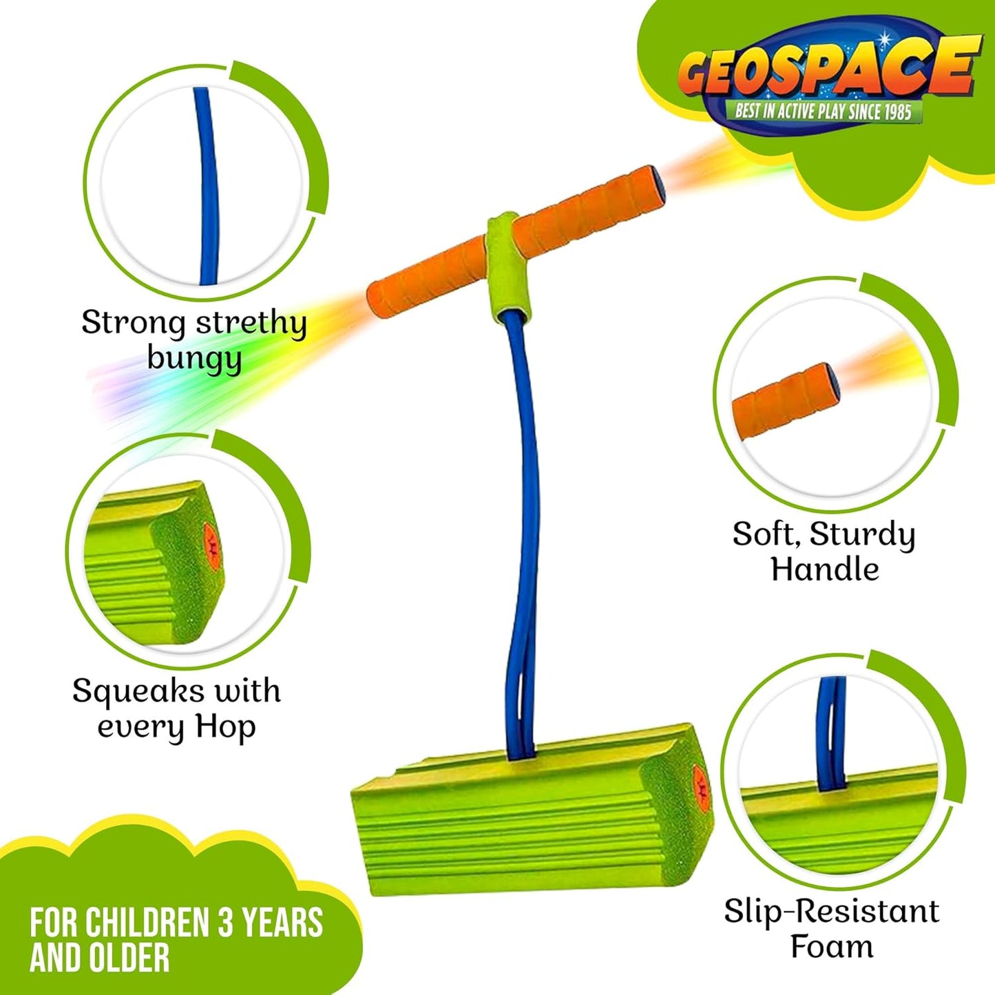 Geospace Jumparoo Deluxe LED Bungee Boing Foam Bouncing Toy - the Squeakiest, Easiest Pogo Ever! for Kids 3 Years & Up