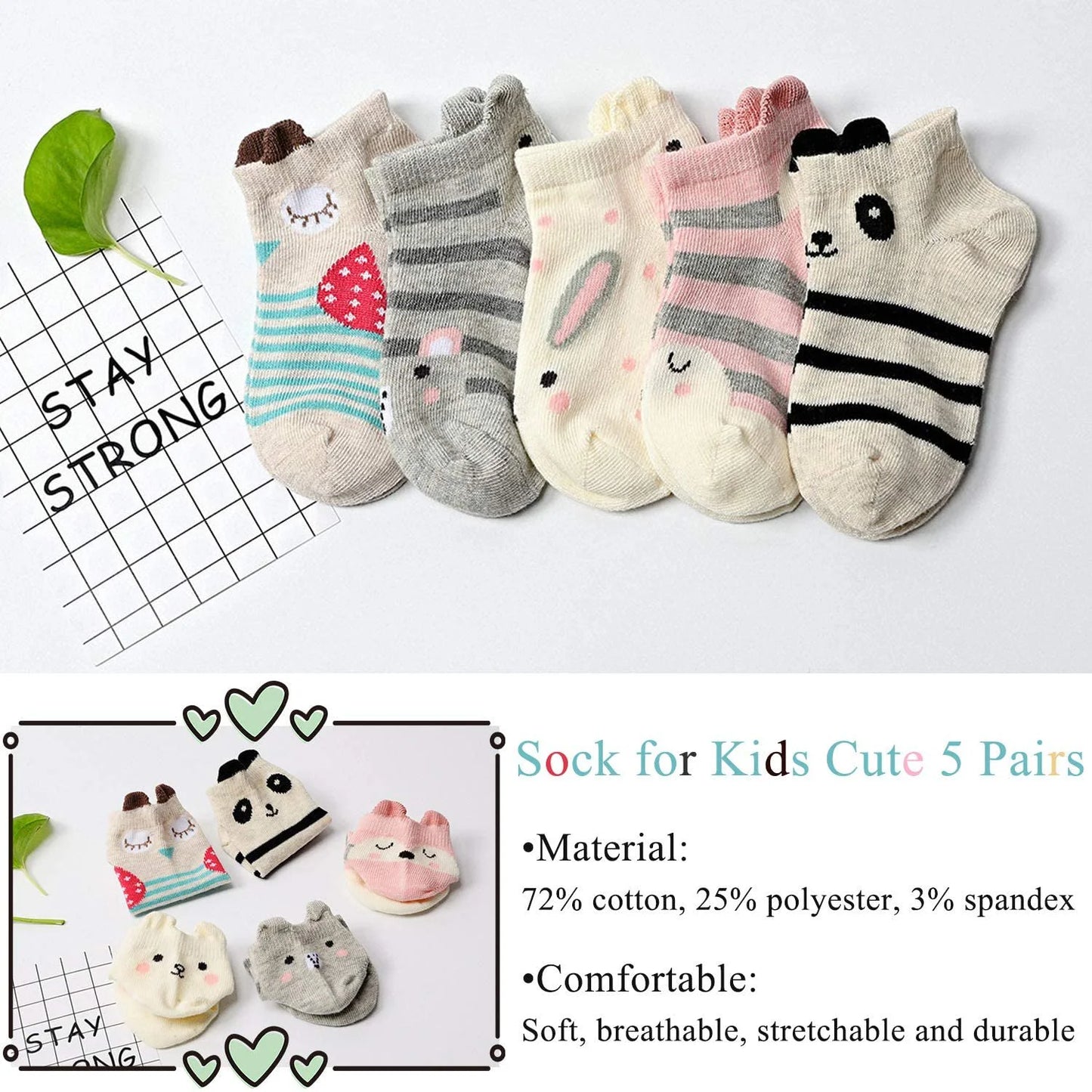 Girls Socks 6-8 Years Old, LOFIR Girls Ankle Socks Soft Cotton 3D Ear Animal Pattern Novelty Cute Funny Summer Ankle Socks for Boys & Girls 5-7 Years, 5 Pairs