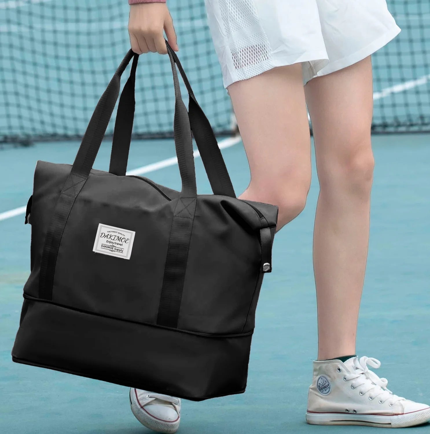 DAKIMOE Weekender Bags for Women, Travel Bag Carry on Gym Bag, Travel Duffle Bag with Wet Dry Pocket/Front Phone Pocket/Trolley Sleeve Pocket, Black
