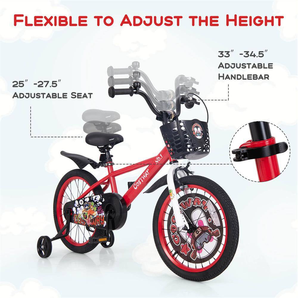 18 In. Kid'S Bike for 4-Years to 8-Years Old with Height-Adjustable Handlebar and Saddle Handbrake Red
