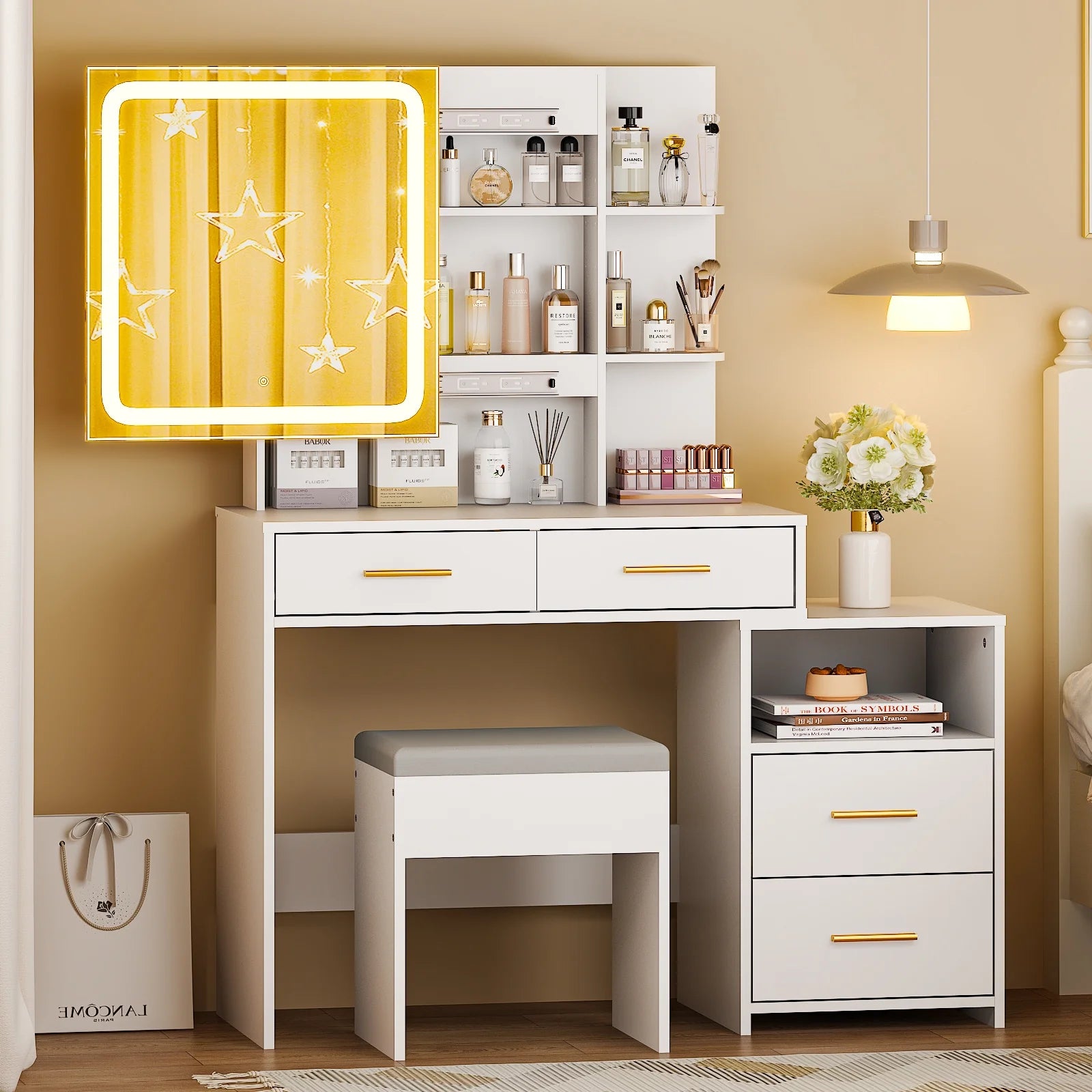 Lighted Makeup Vanity Table Set, Dressing Table with Sliding Mirror, Vanity Desk , White