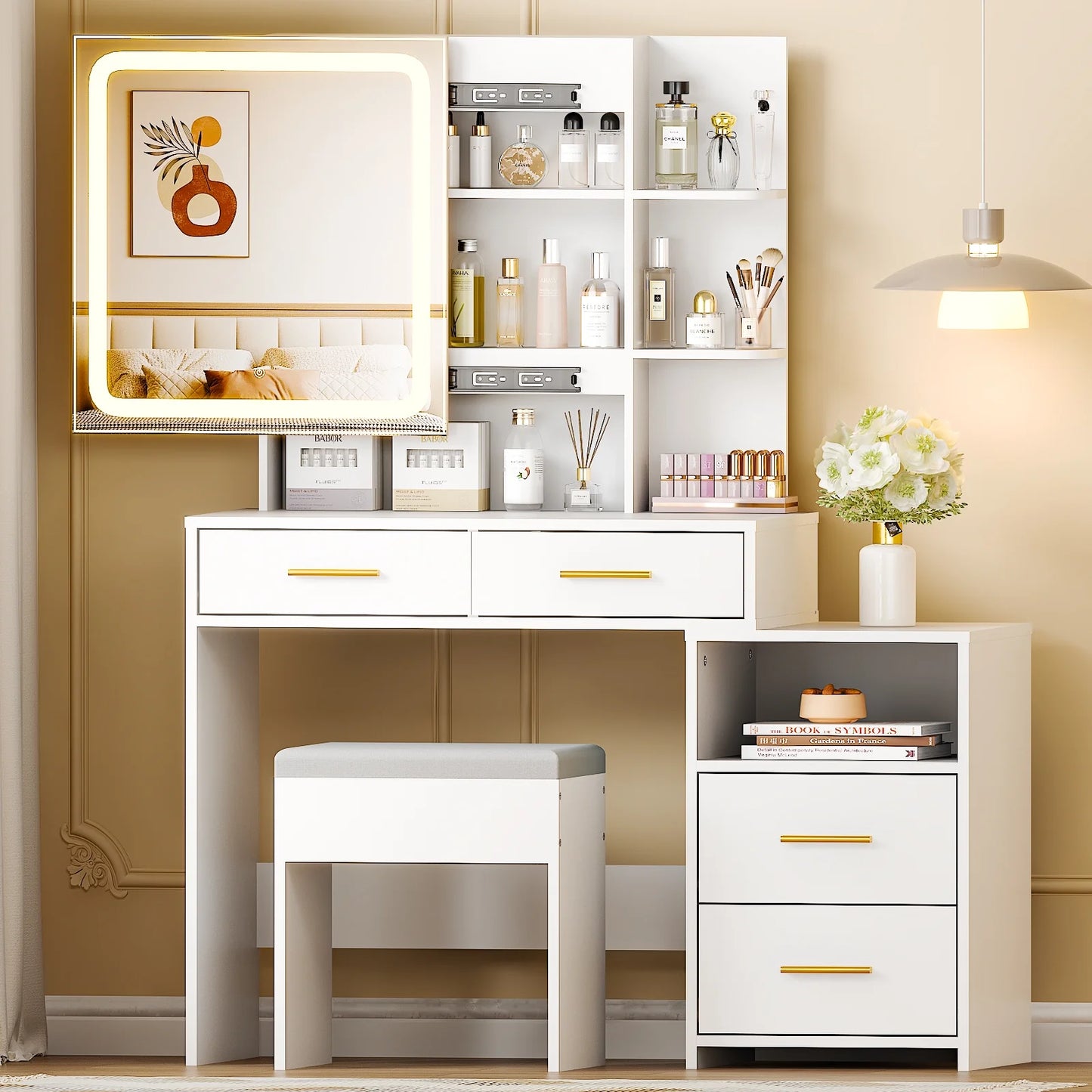 Lighted Makeup Vanity Table Set, Dressing Table with Sliding Mirror, Vanity Desk , White