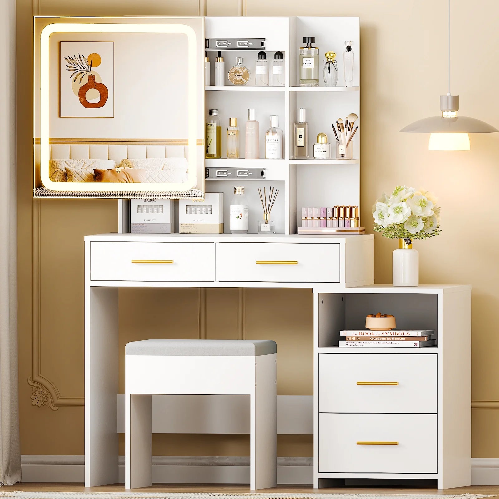 Lighted Makeup Vanity Table Set, Dressing Table with Sliding Mirror, Vanity Desk , White