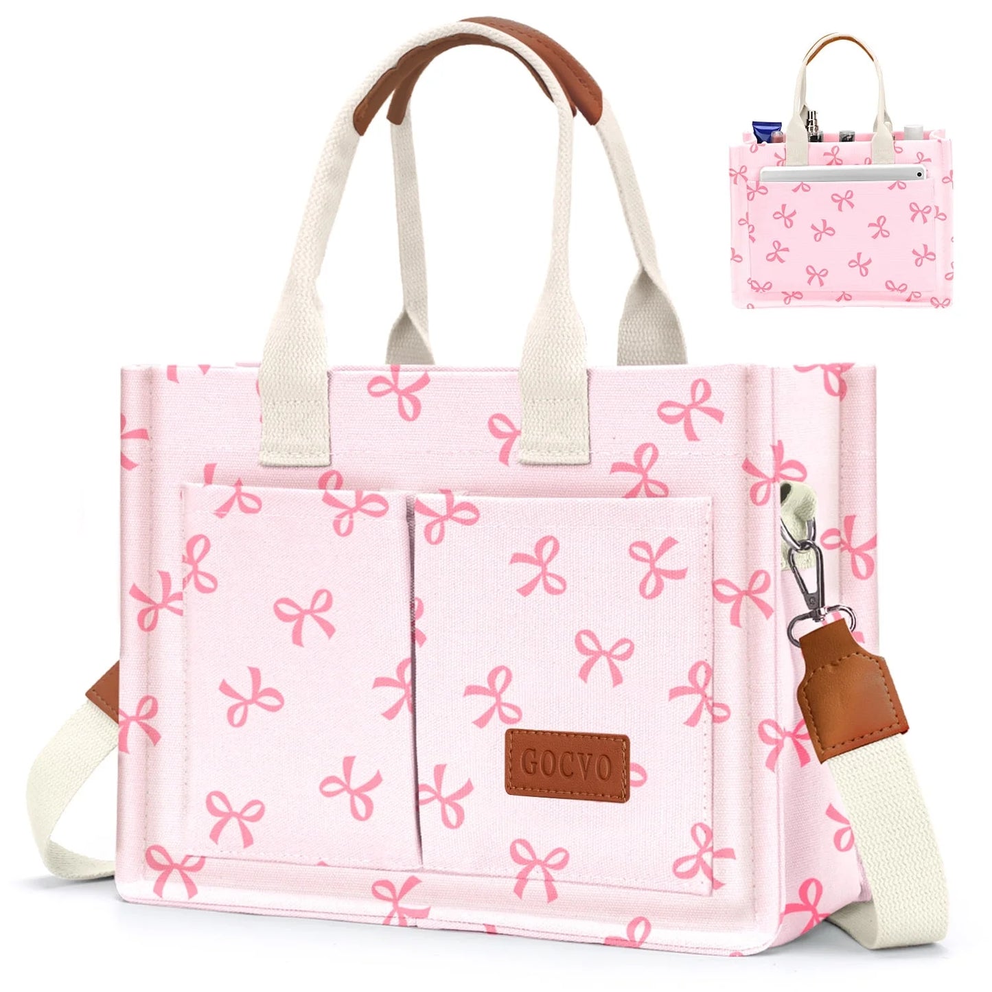 Gocvo Canvas Tote Bag for Women, Large Multi-Pocket Shoulder Handbag, Crossbody Messenger Bag, Khaki Plaid