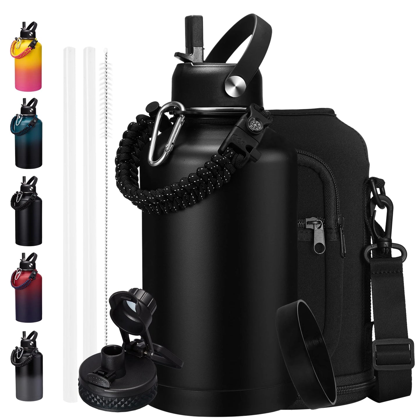 64 Oz Insulated Water Bottle with Straw & Auto Spout Lids,Paracord Handle,Strap Carrier & Protective Boot,Half Gallon Water Bottle,Wide Mouth Metal Canteen Thermo Flask,Leak-Proof Hydro Water Jug