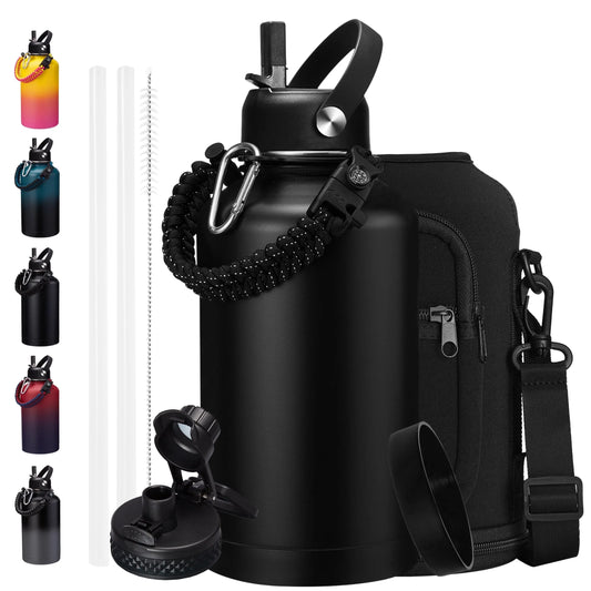 64 Oz Insulated Water Bottle with Straw & Auto Spout Lids,Paracord Handle,Strap Carrier & Protective Boot,Half Gallon Water Bottle,Wide Mouth Metal Canteen Thermo Flask,Leak-Proof Hydro Water Jug