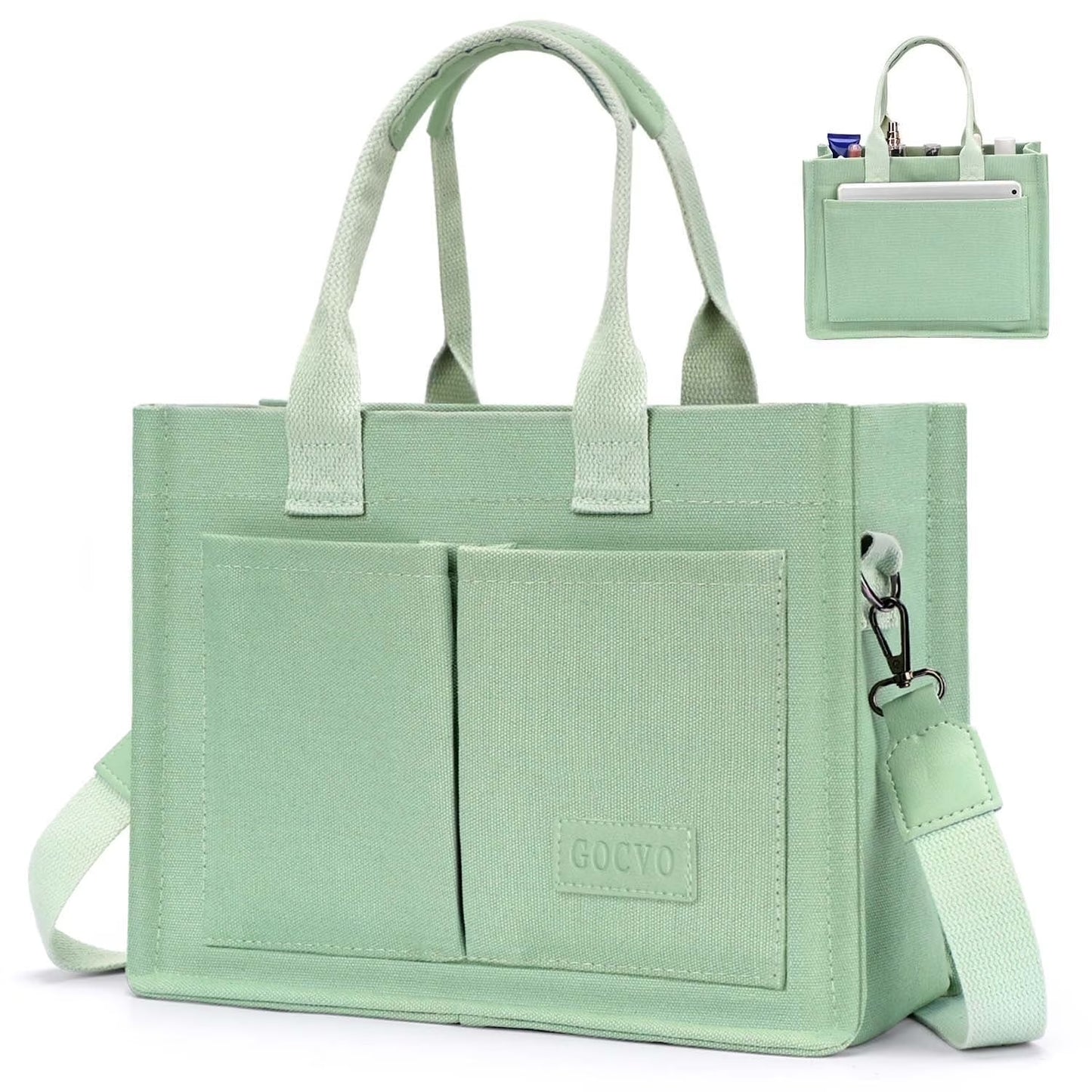 Gocvo Canvas Tote Bag for Women, Large Multi-Pocket Shoulder Handbag, Crossbody Messenger Bag, Khaki Plaid