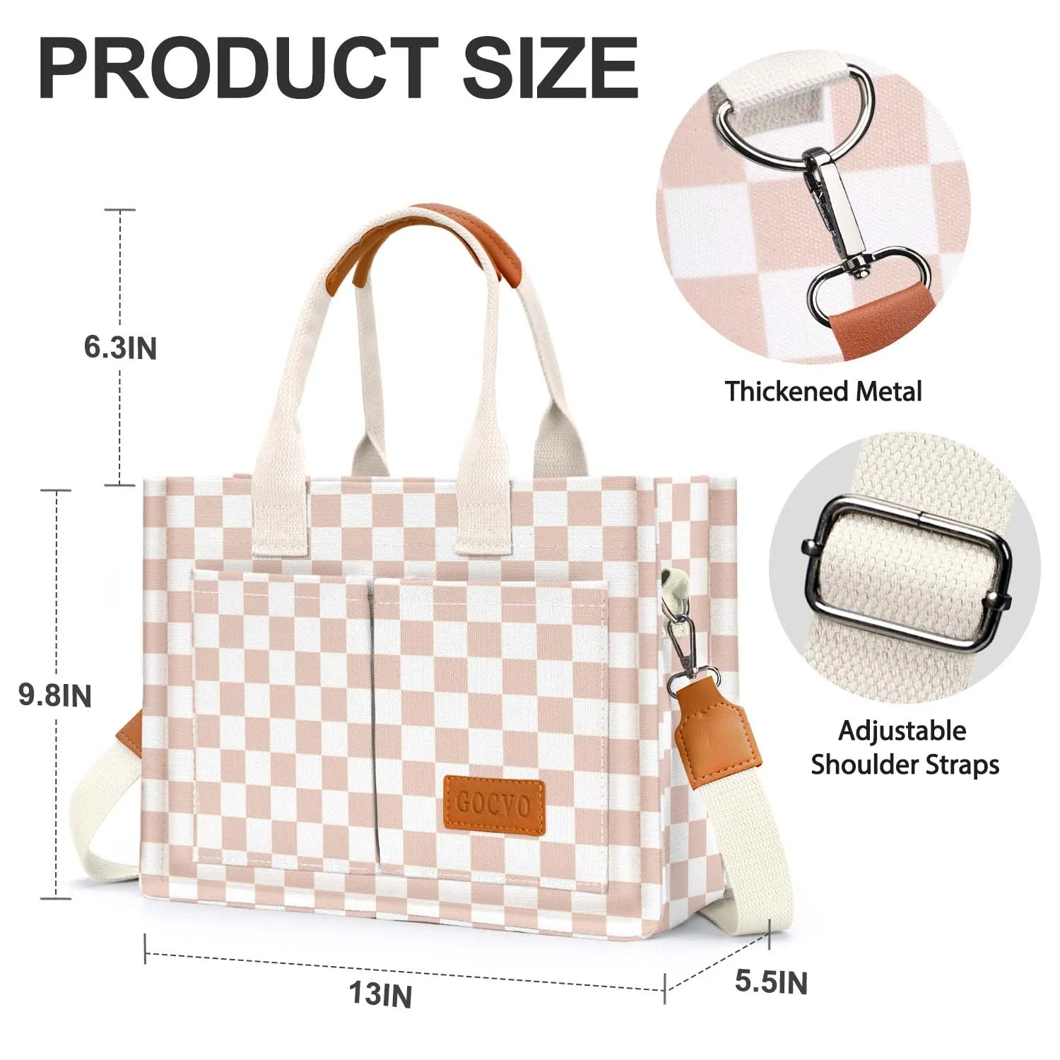 Gocvo Canvas Tote Bag for Women, Large Multi-Pocket Shoulder Handbag, Crossbody Messenger Bag, Khaki Plaid