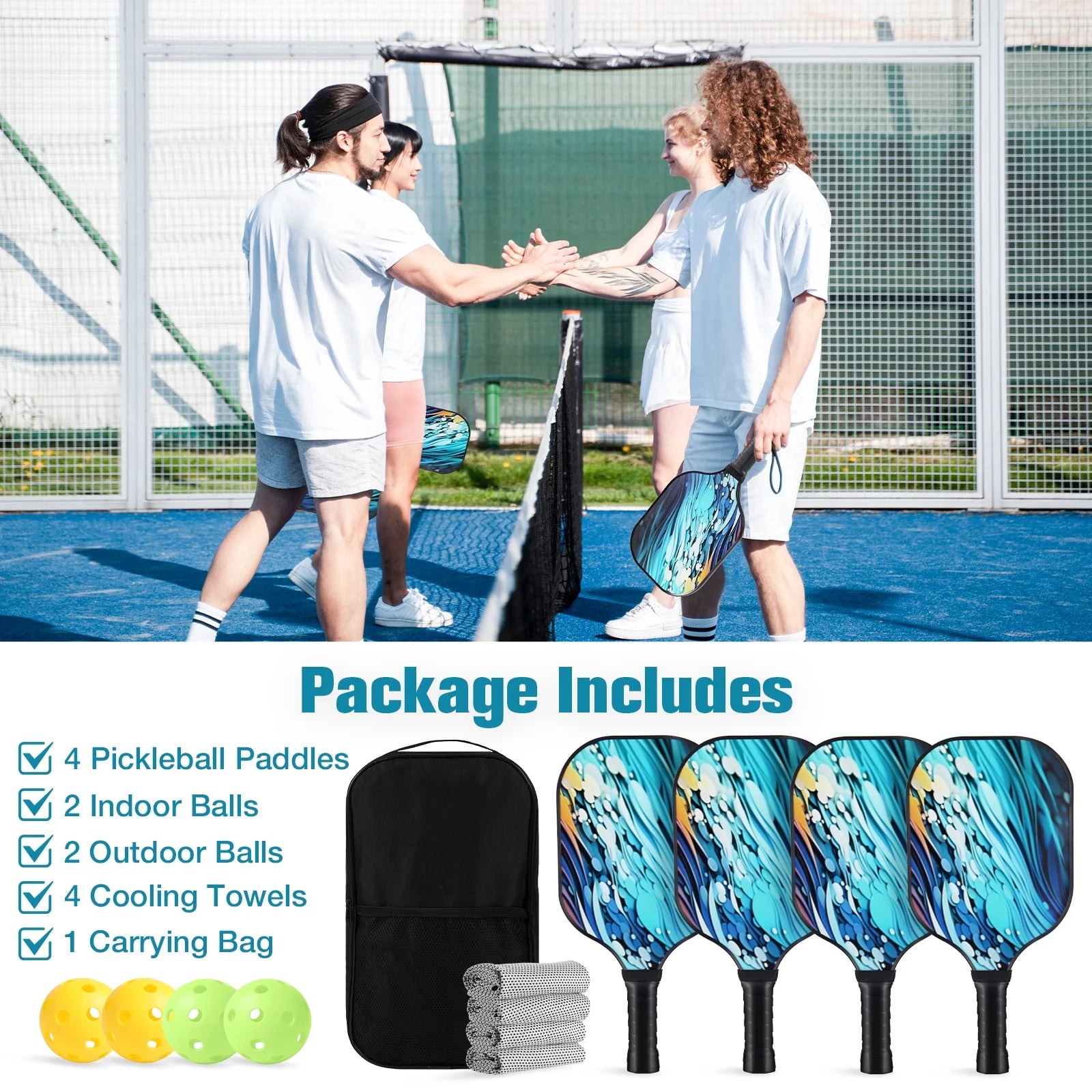 Pickleball Paddles Set of 4, with 4 Fiberglass Paddles, 4 Pickle-Ball , 4 Cooling Towel, 1 Pickleball Bag, PP Honeycomb Core Pickleball Equipment Is the Perfect Gift for Beginners & Amateurs