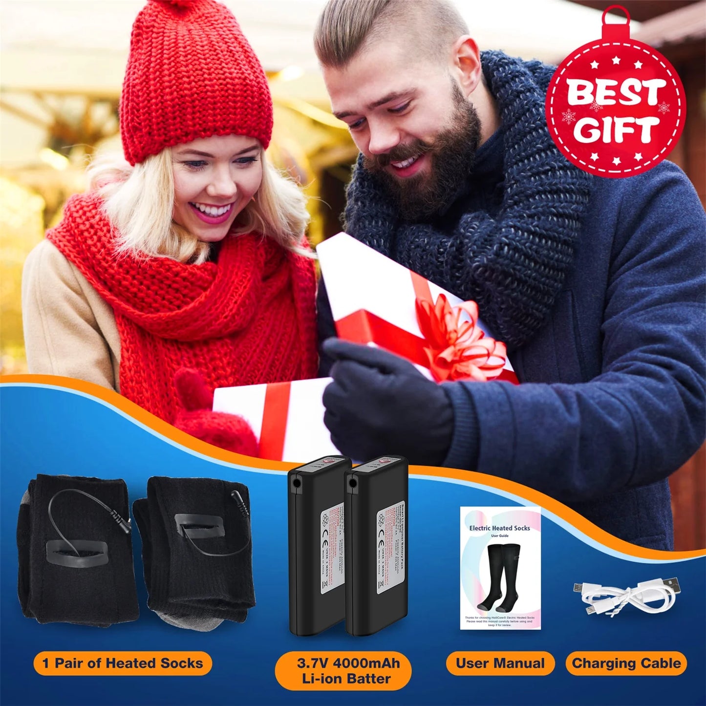 Rechargeable Electric Heated Socks for Men Women,4000Mah Battery Powered Unisex Warm Winter Heat Socks for Outdoor Riding Camping Hiking Motorcycle Skiing,Black ,M