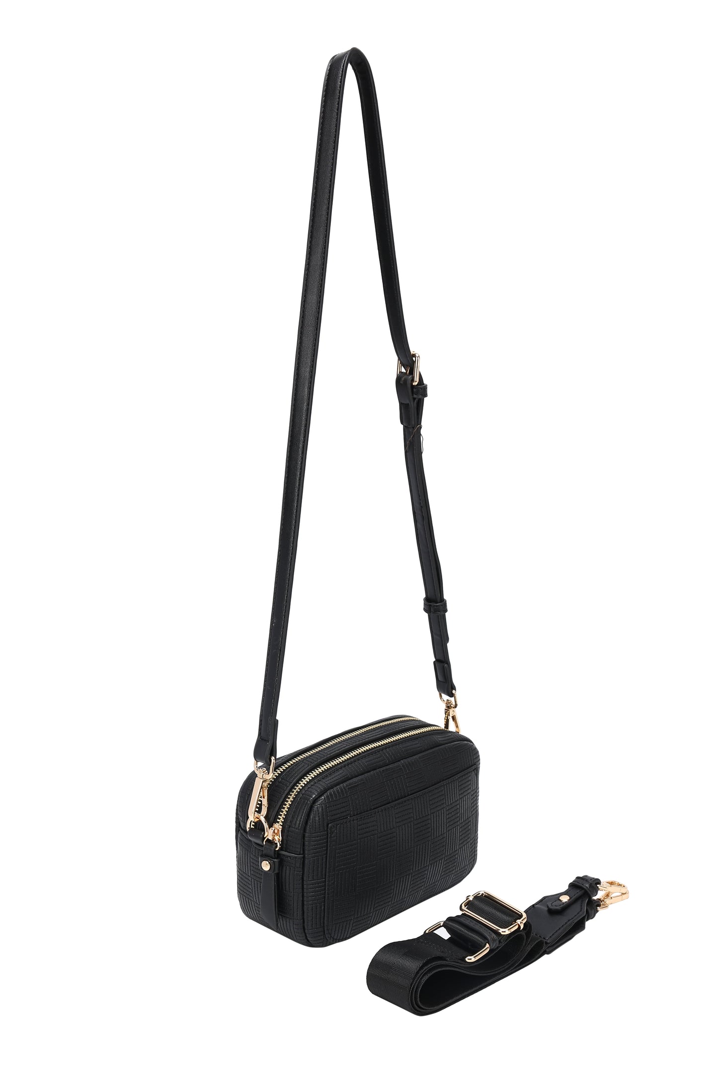 Dual Zipper Cross Body Shoulder Bag - PU Vegan Leather - Black Check
