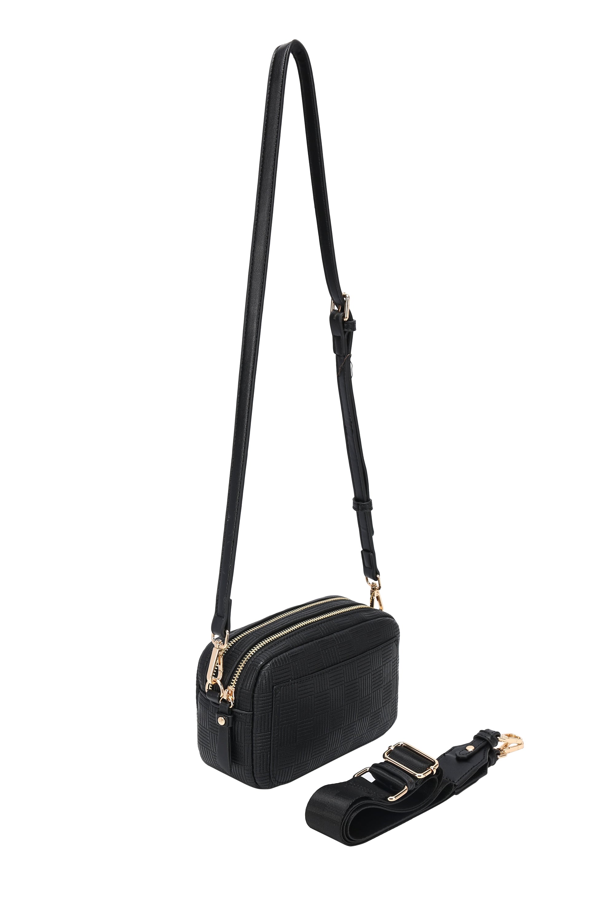 Dual Zipper Cross Body Shoulder Bag - PU Vegan Leather - Black Check