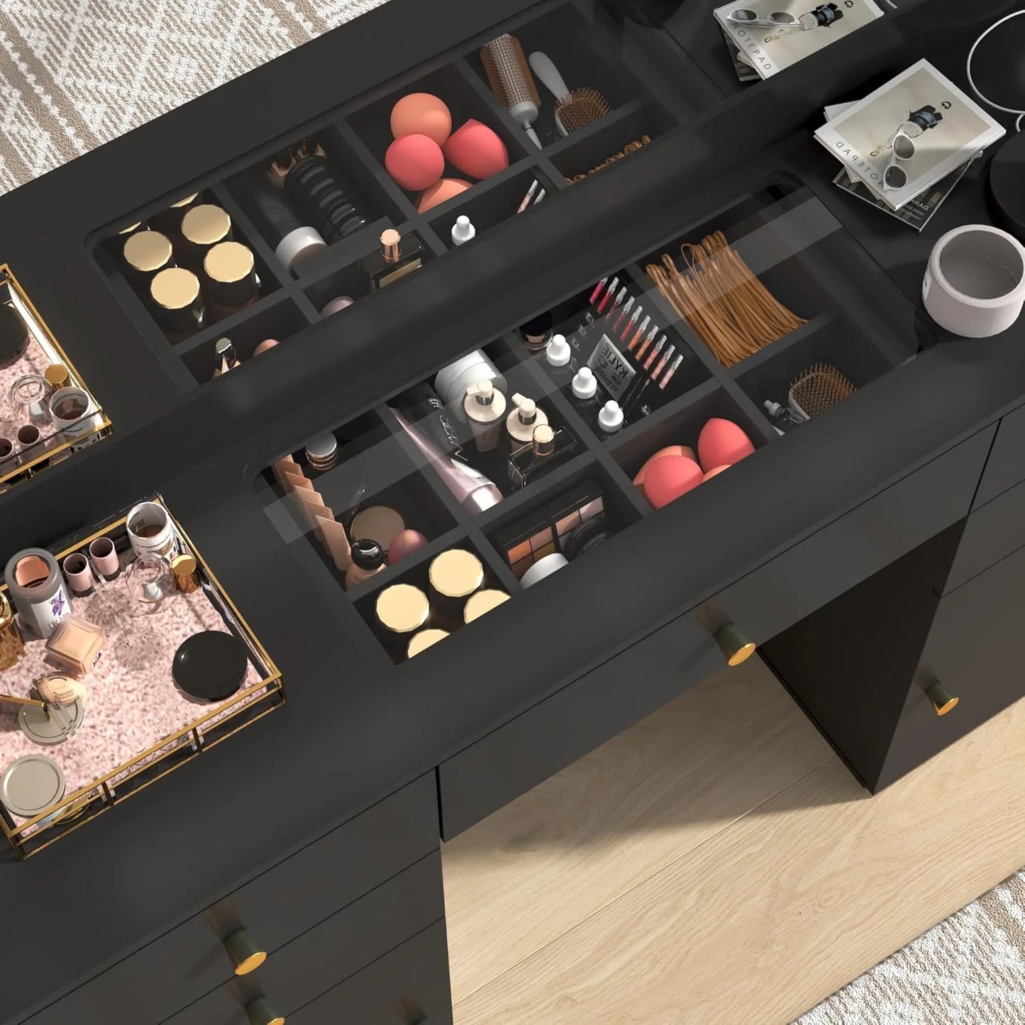 Black Vanity Desk with Large Lighted Mirror & Power Outlet, Makeup Vanity Table with Glass Top & Drawers, Sliding Storage, 44.1" Large Makeup Vanity Table for Women Girls, Black