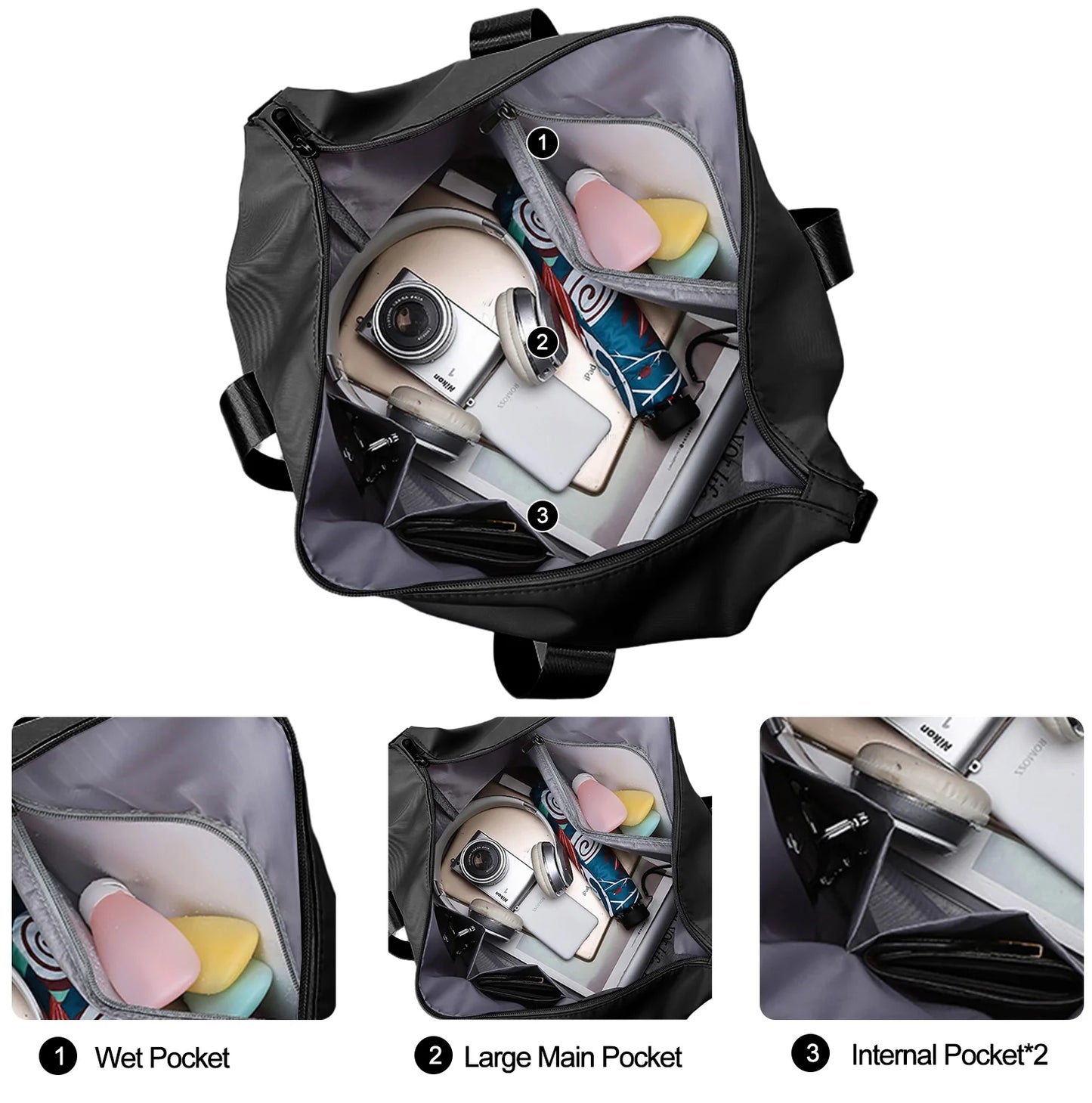 DAKIMOE Weekender Bags for Women, Travel Bag Carry on Gym Bag, Travel Duffle Bag with Wet Dry Pocket/Front Phone Pocket/Trolley Sleeve Pocket, Black
