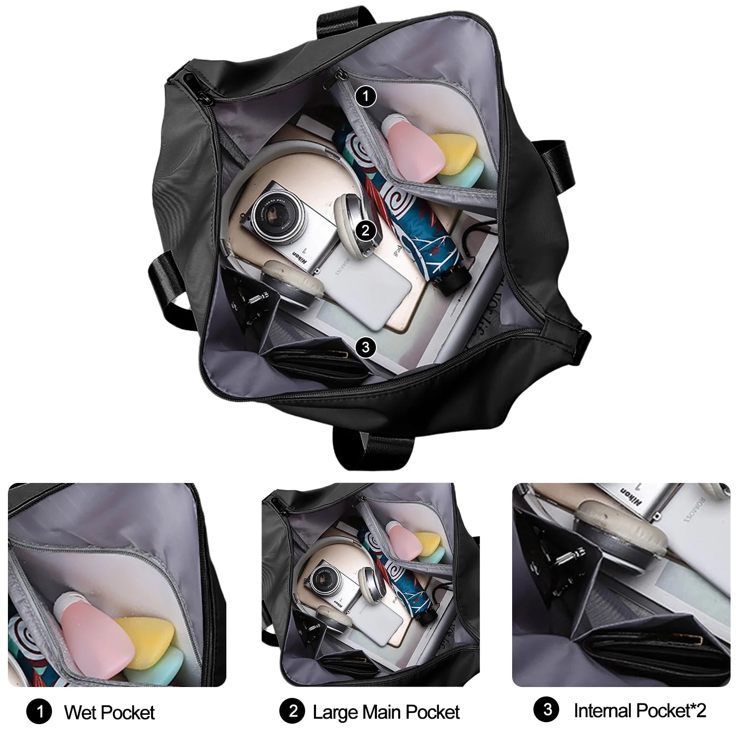 DAKIMOE Weekender Bags for Women, Travel Bag Carry on Gym Bag, Travel Duffle Bag with Wet Dry Pocket/Front Phone Pocket/Trolley Sleeve Pocket, Black