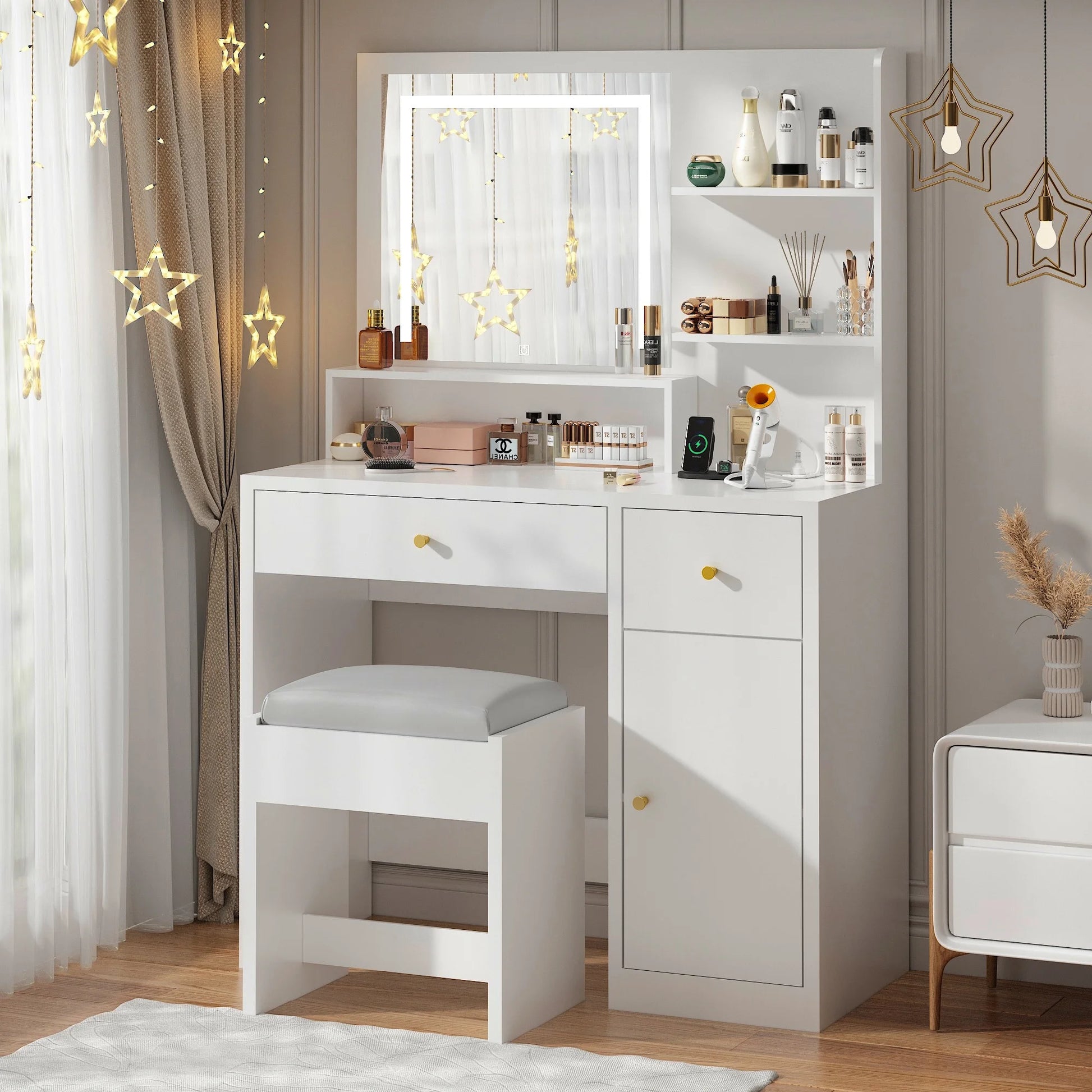 White Vanity Desk Set with LED Light Mirror & Power Outlet, Makeup Table with 3 Shelves & 2 Drawers & 3 Level Adjustable Cabinet & Makeup Vanity Stool for Women, Girls(White-37")