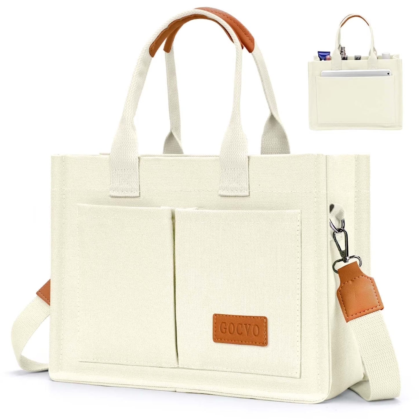 Gocvo Canvas Tote Bag for Women, Large Multi-Pocket Shoulder Handbag, Crossbody Messenger Bag, Khaki Plaid
