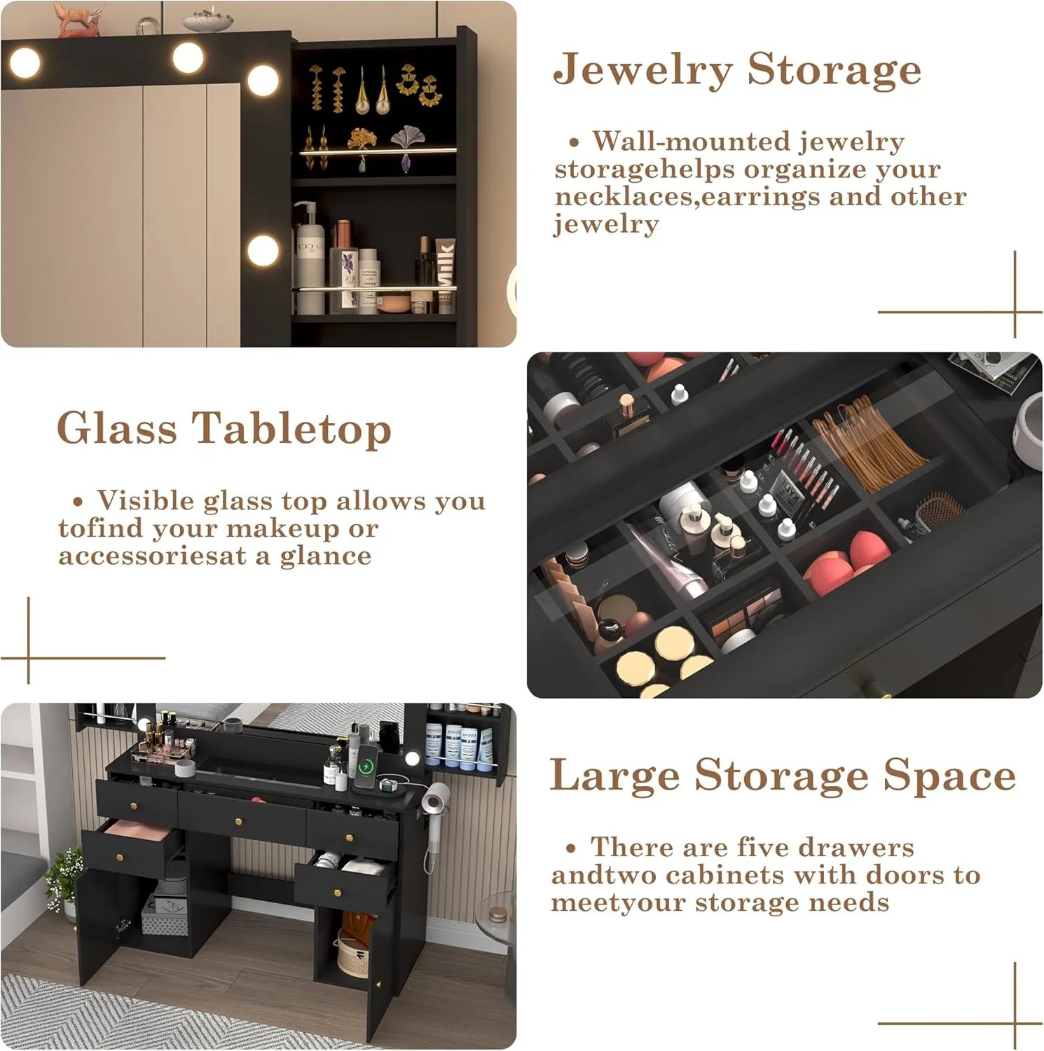 Black Vanity Desk with Large Lighted Mirror & Power Outlet, Makeup Vanity Table with Glass Top & Drawers, Sliding Storage, 44.1" Large Makeup Vanity Table for Women Girls, Black