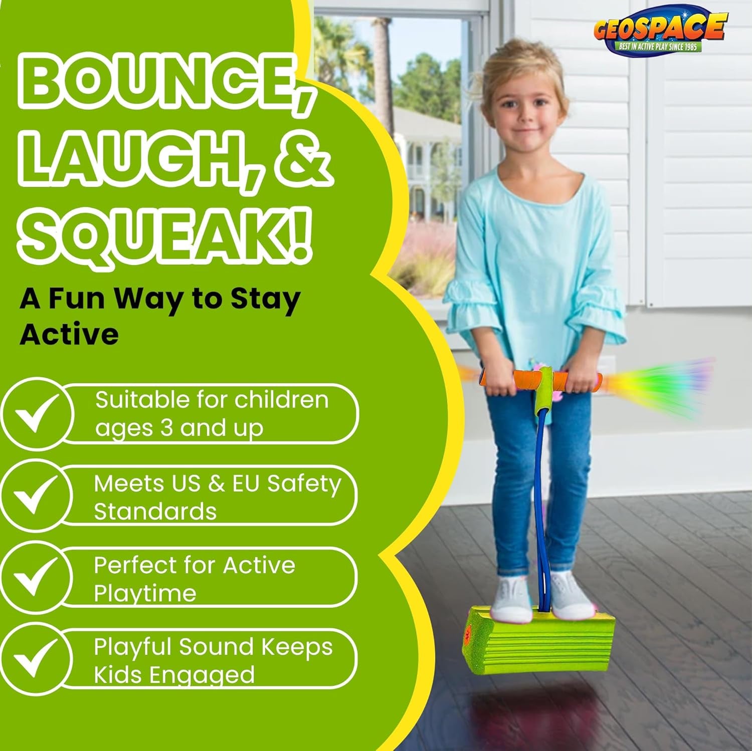 Geospace Jumparoo Deluxe LED Bungee Boing Foam Bouncing Toy - the Squeakiest, Easiest Pogo Ever! for Kids 3 Years & Up