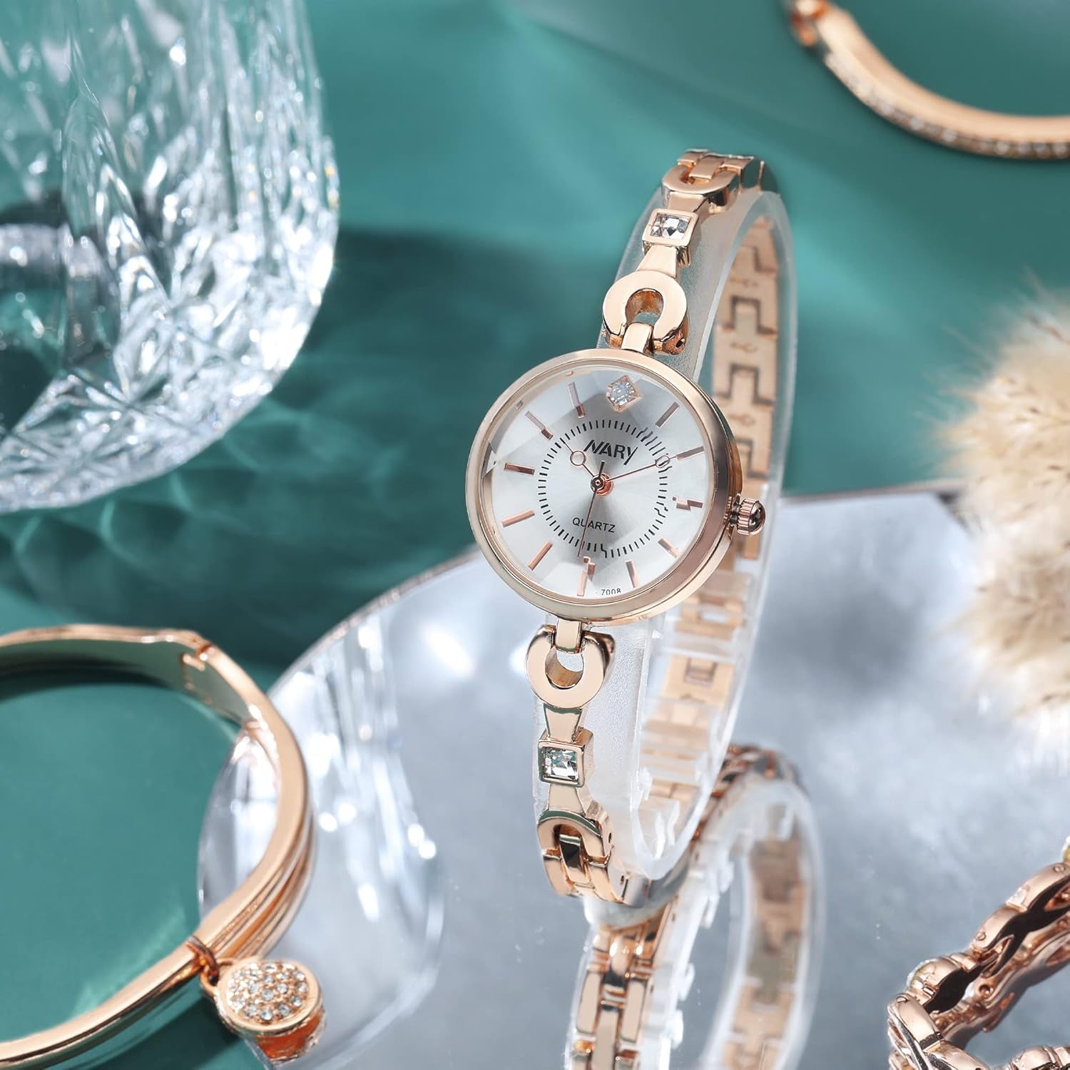 Clastyle Rose Gold Watch and Bracelets Set with 3 Bangle Elegant Mothers Day Gift for Momdiamond Women Bracelet Watch Set Stainless Steel Strap Ladies Wrist Watches