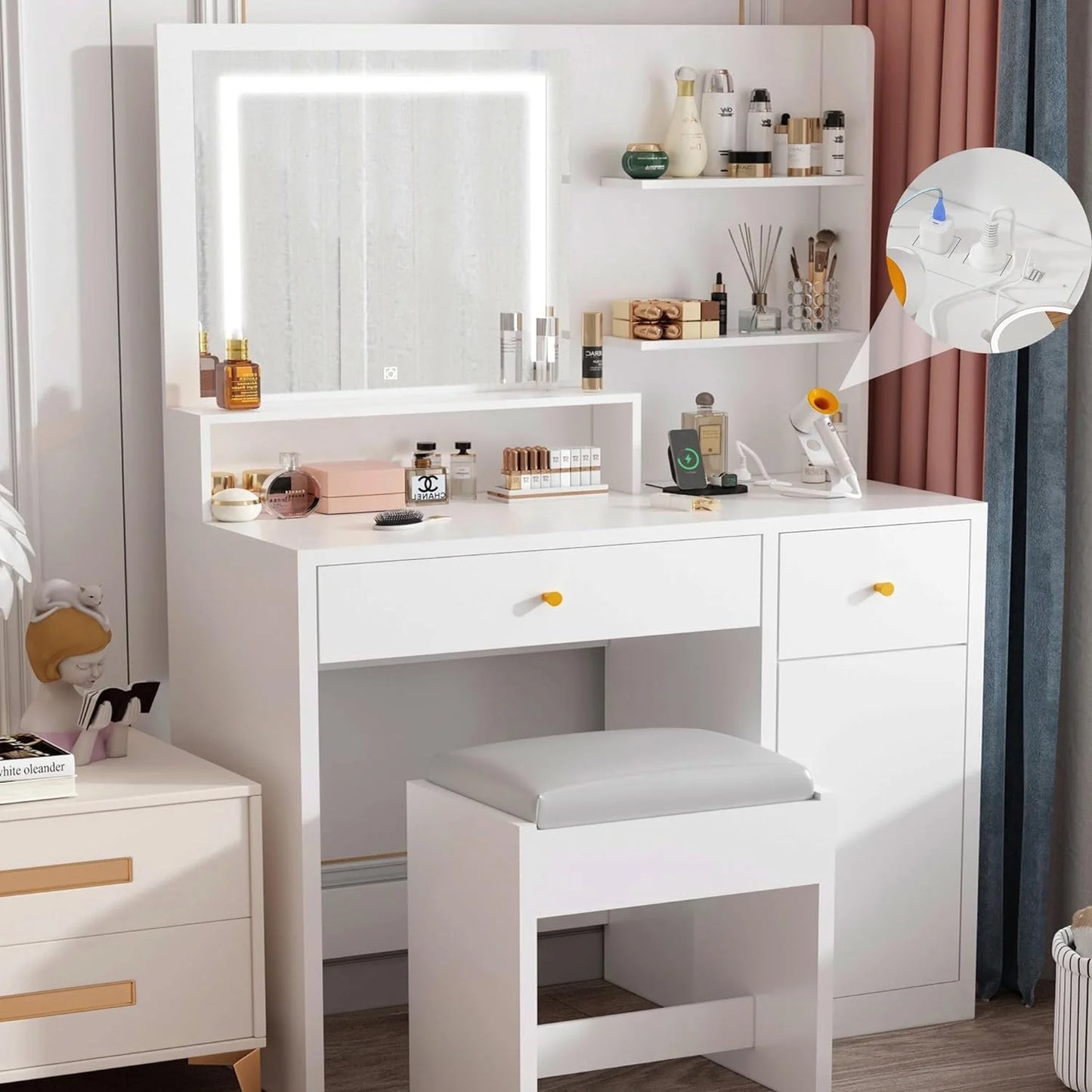White Vanity Desk Set with LED Light Mirror & Power Outlet, Makeup Table with 3 Shelves & 2 Drawers & 3 Level Adjustable Cabinet & Makeup Vanity Stool for Women, Girls(White-37")