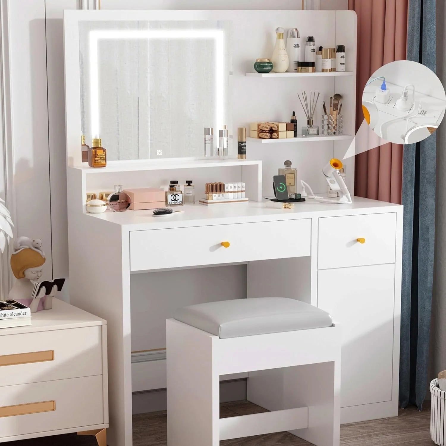 White Vanity Desk Set with LED Light Mirror & Power Outlet, Makeup Table with 3 Shelves & 2 Drawers & 3 Level Adjustable Cabinet & Makeup Vanity Stool for Women, Girls(White-37")
