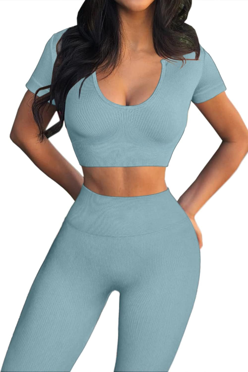Mulisky Workout Outfits for Women 2 Piece Ribbed Seamless High Waist Yoga Pants Set Blue L