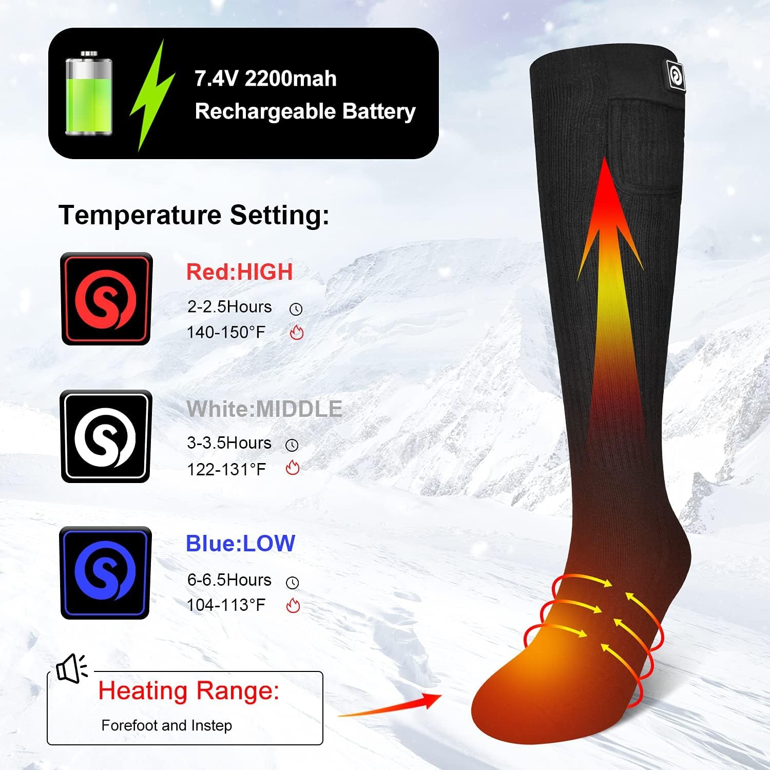 Long Heated Socks for Men Women, 7.4V Electric Rechargeable Battery Heated Socks, Washable Foot Warmer for Camping Skiing Hiking Cycling