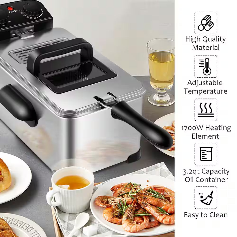3.2 Qt. Electric Deep Fryer 1700-Watt Stainless Steel Timer Frying Basket