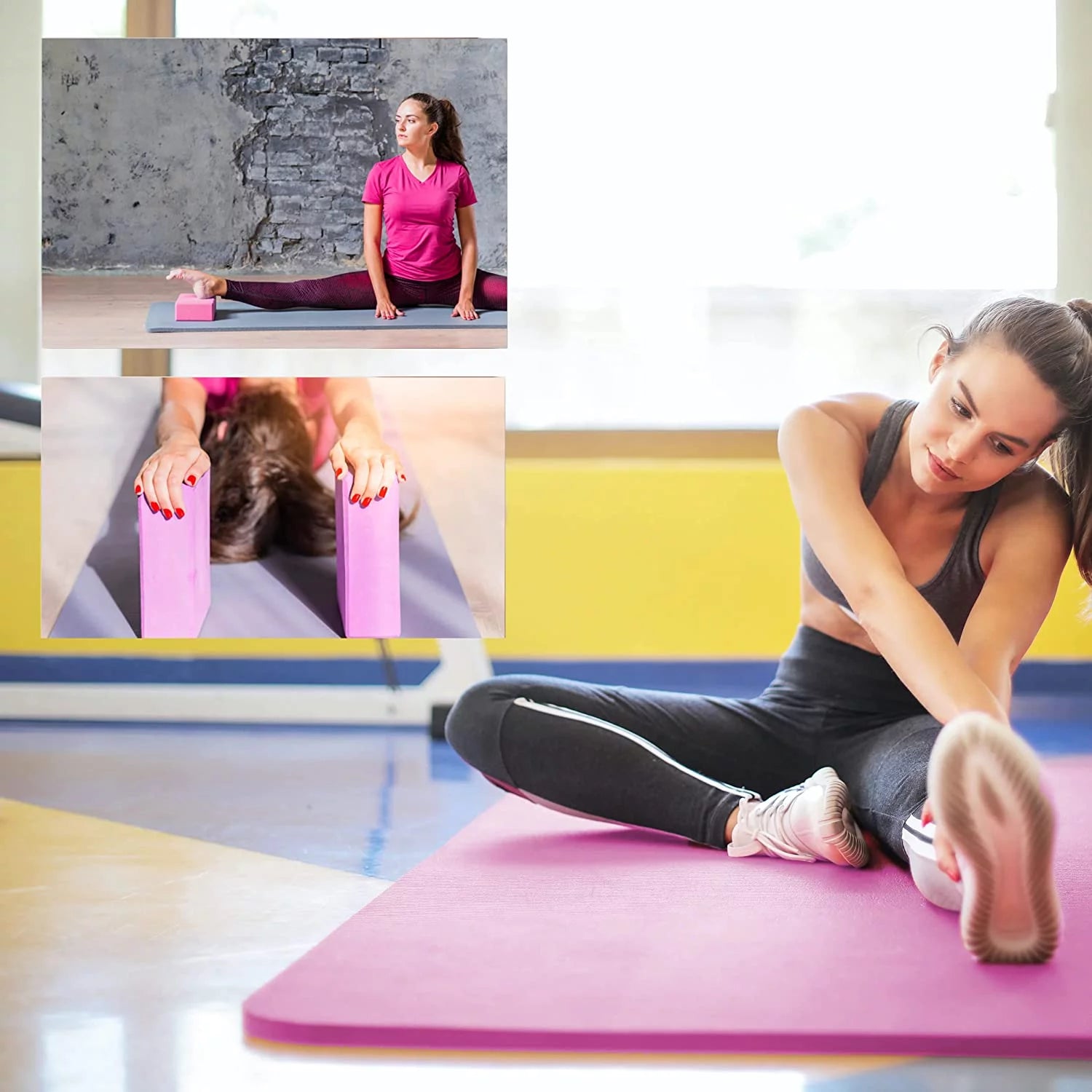 Hemingweigh Polyester 72" Assembled Length Yoga Mat with Non-Slip Blocks, Strap, Towels, Pink