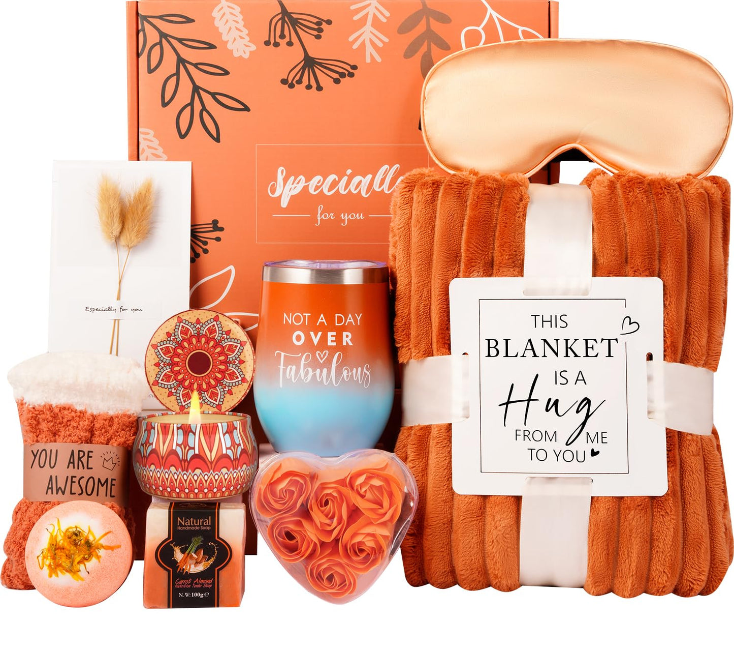 Grandma Christmas Gifts Basket,Orange Birthday Gifts for Mom Women Her Girlfriend Wife Coworker W/Fall Cozy Socks& Blanket,Autumn Self Care Package Bath Set,Thanksgiving, Christmas Gifts Box for Women