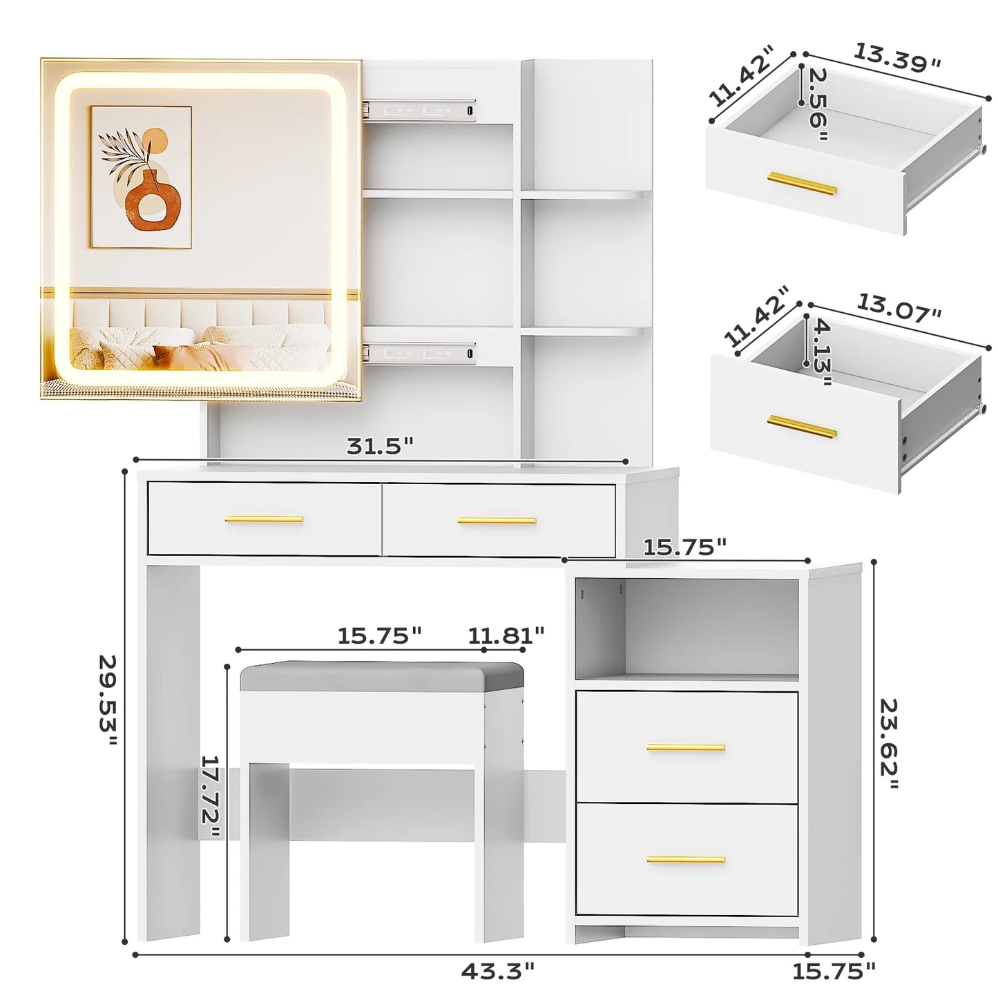 Lighted Makeup Vanity Table Set, Dressing Table with Sliding Mirror, Vanity Desk , White