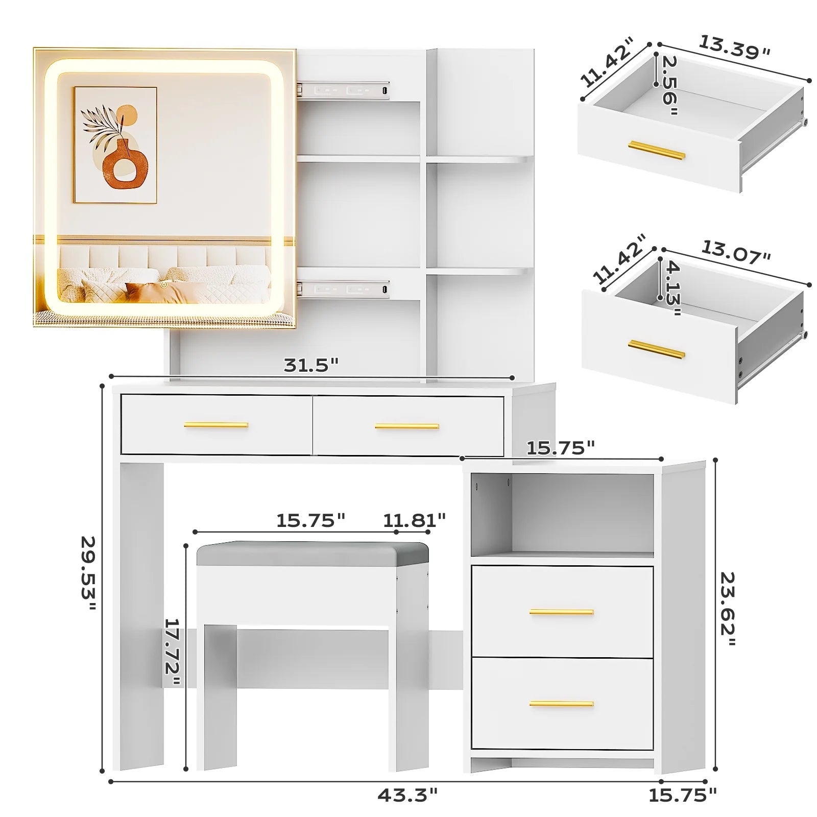 Lighted Makeup Vanity Table Set, Dressing Table with Sliding Mirror, Vanity Desk , White