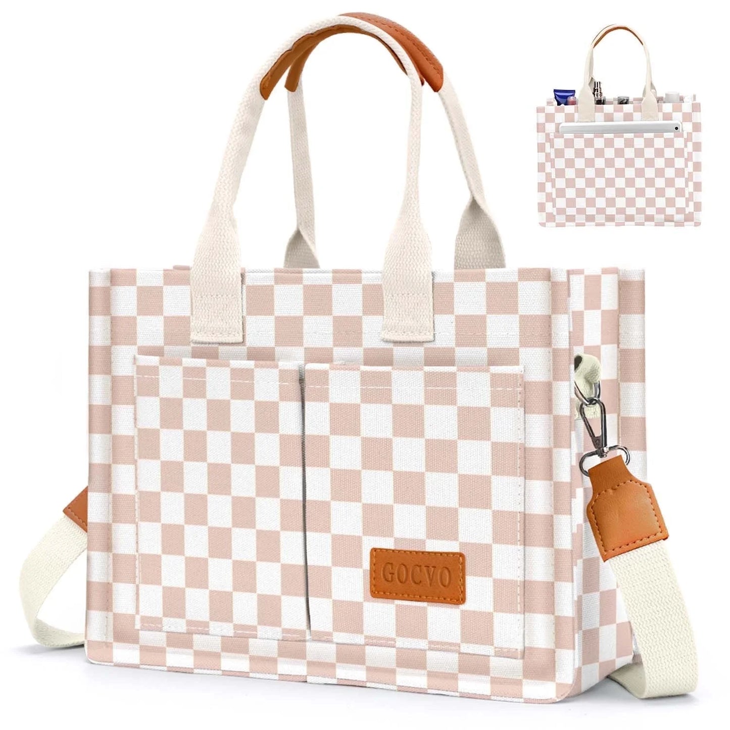 Gocvo Canvas Tote Bag for Women, Large Multi-Pocket Shoulder Handbag, Crossbody Messenger Bag, Khaki Plaid