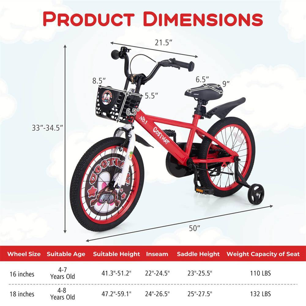 18 In. Kid'S Bike for 4-Years to 8-Years Old with Height-Adjustable Handlebar and Saddle Handbrake Red