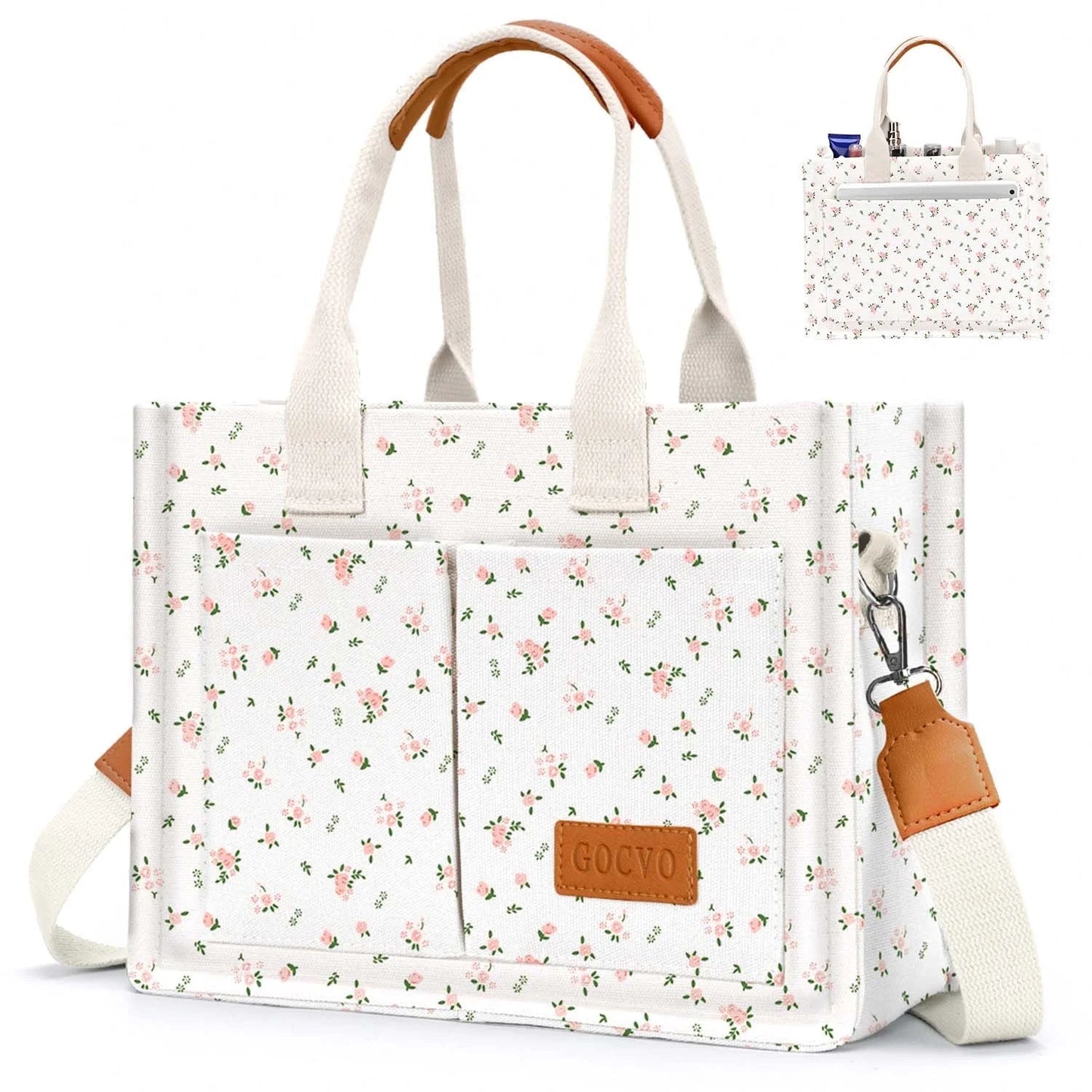 Gocvo Canvas Tote Bag for Women, Large Multi-Pocket Shoulder Handbag, Crossbody Messenger Bag, Khaki Plaid