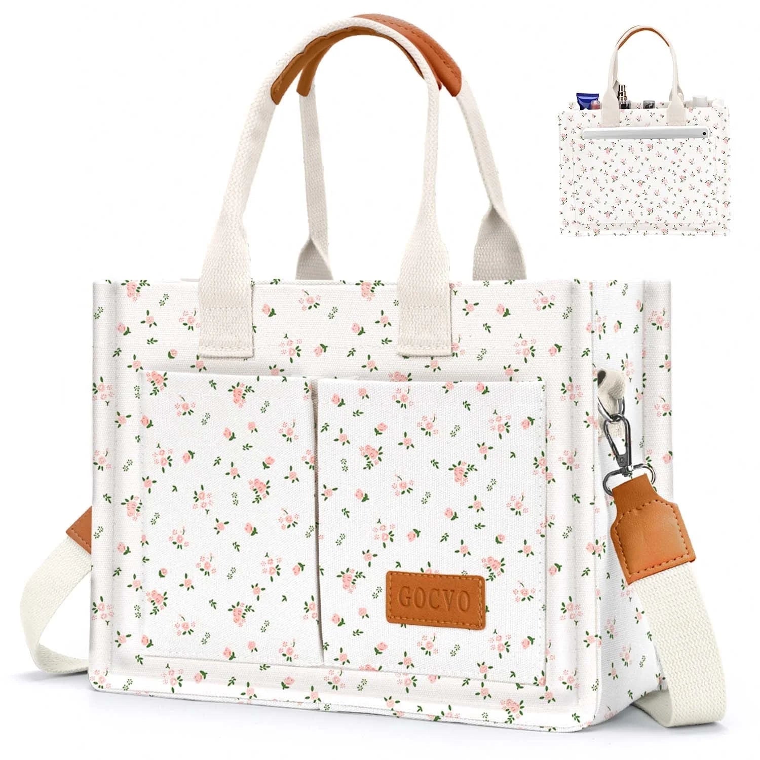 Gocvo Canvas Tote Bag for Women, Large Multi-Pocket Shoulder Handbag, Crossbody Messenger Bag, Khaki Plaid