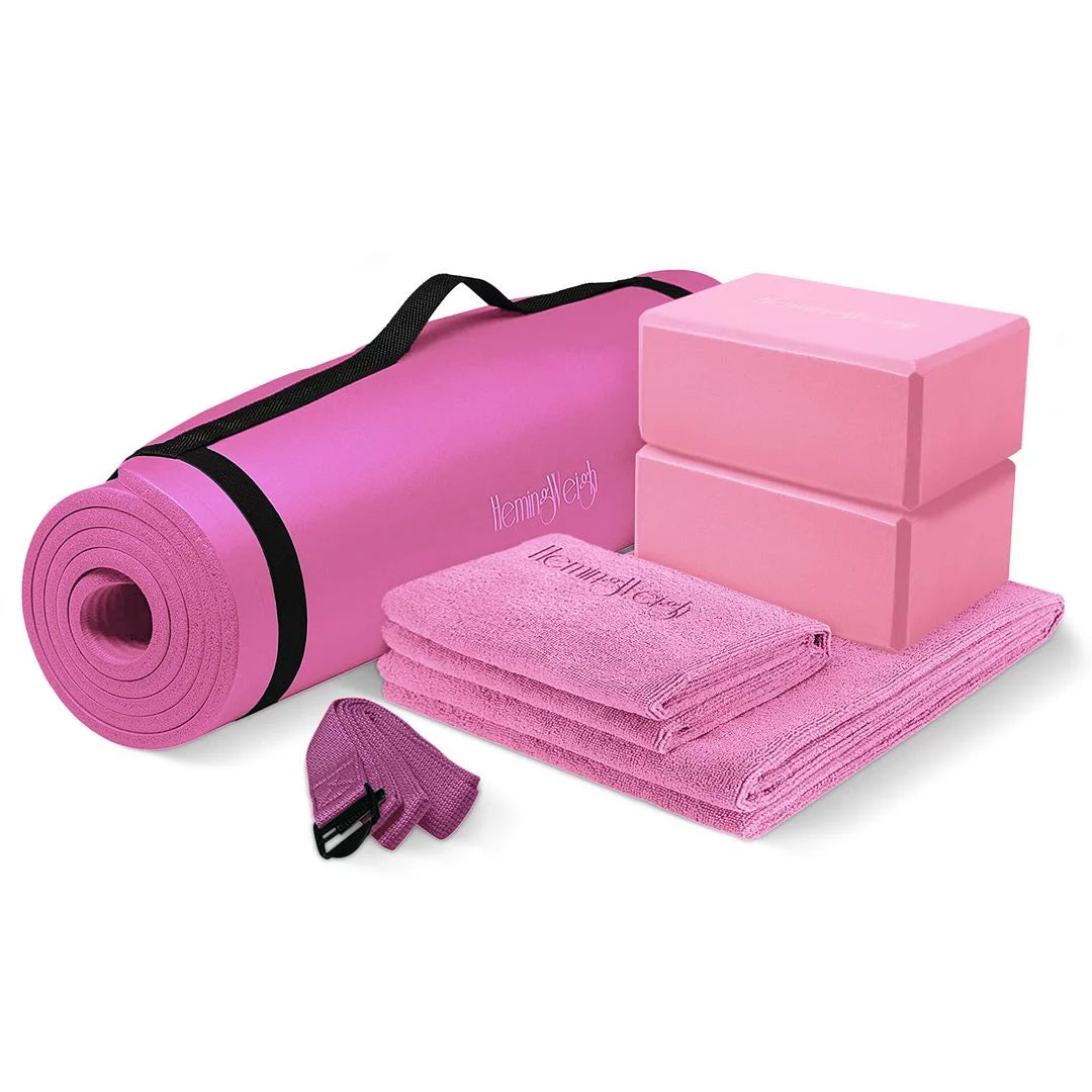 Hemingweigh Polyester 72" Assembled Length Yoga Mat with Non-Slip Blocks, Strap, Towels, Pink
