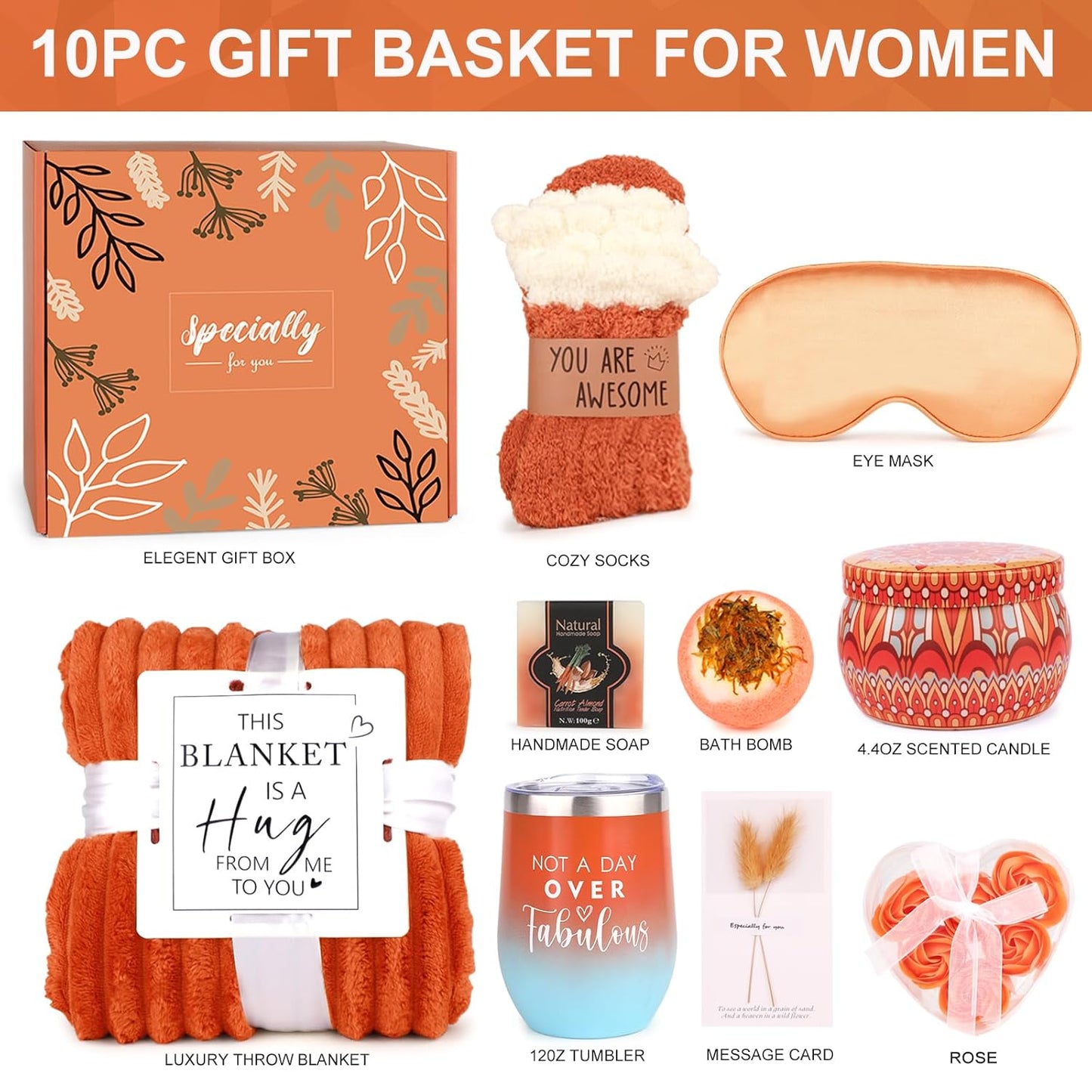 Grandma Christmas Gifts Basket,Orange Birthday Gifts for Mom Women Her Girlfriend Wife Coworker W/Fall Cozy Socks& Blanket,Autumn Self Care Package Bath Set,Thanksgiving, Christmas Gifts Box for Women