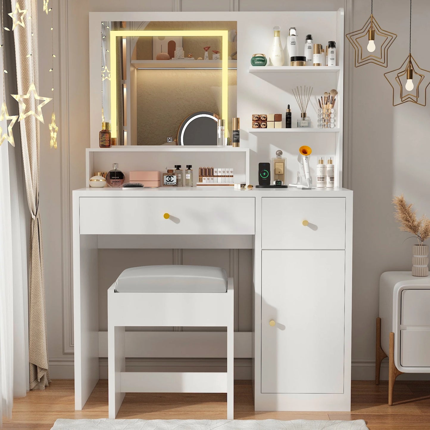 White Vanity Desk Set with LED Light Mirror & Power Outlet, Makeup Table with 3 Shelves & 2 Drawers & 3 Level Adjustable Cabinet & Makeup Vanity Stool for Women, Girls(White-37")