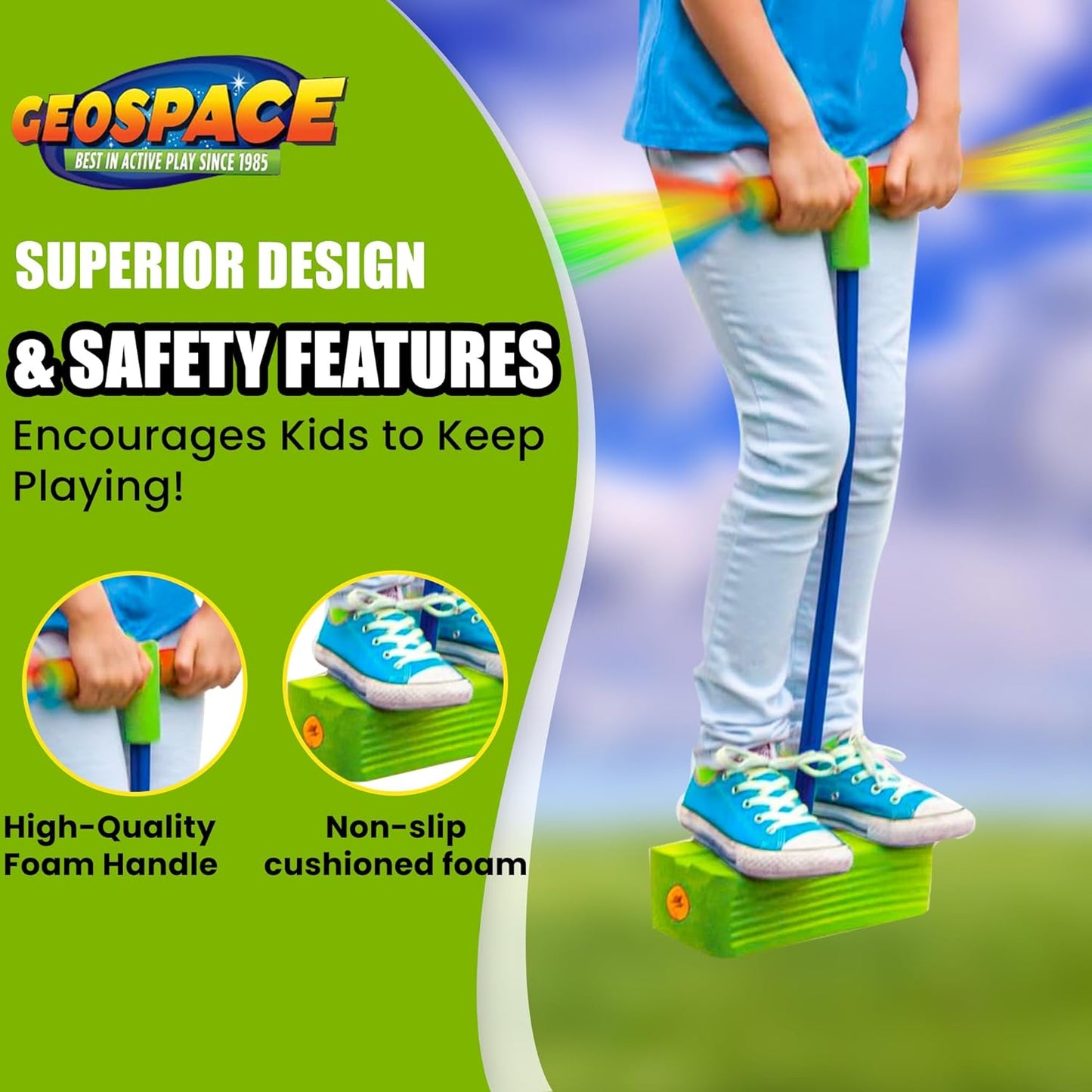 Geospace Jumparoo Deluxe LED Bungee Boing Foam Bouncing Toy - the Squeakiest, Easiest Pogo Ever! for Kids 3 Years & Up