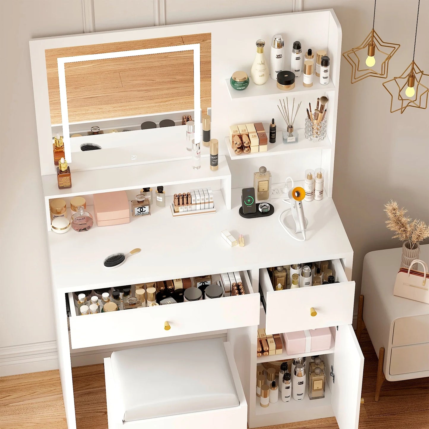 White Vanity Desk Set with LED Light Mirror & Power Outlet, Makeup Table with 3 Shelves & 2 Drawers & 3 Level Adjustable Cabinet & Makeup Vanity Stool for Women, Girls(White-37")