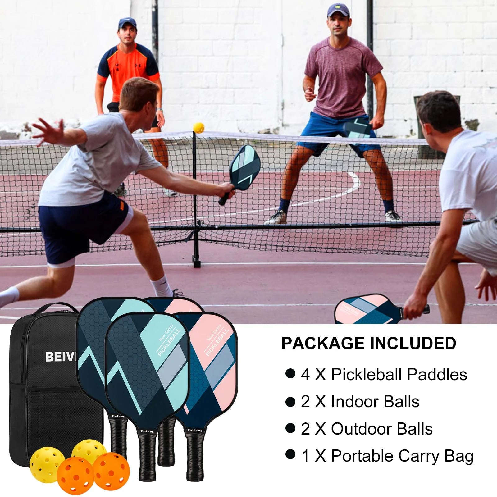 BEIVES Pickleball Paddles Set of 4 with 4 Balls & Carry Bag - Lightweight 7.9Oz Fiberglass Racket, Non-Slip Comfort Grip, for Men & Women
