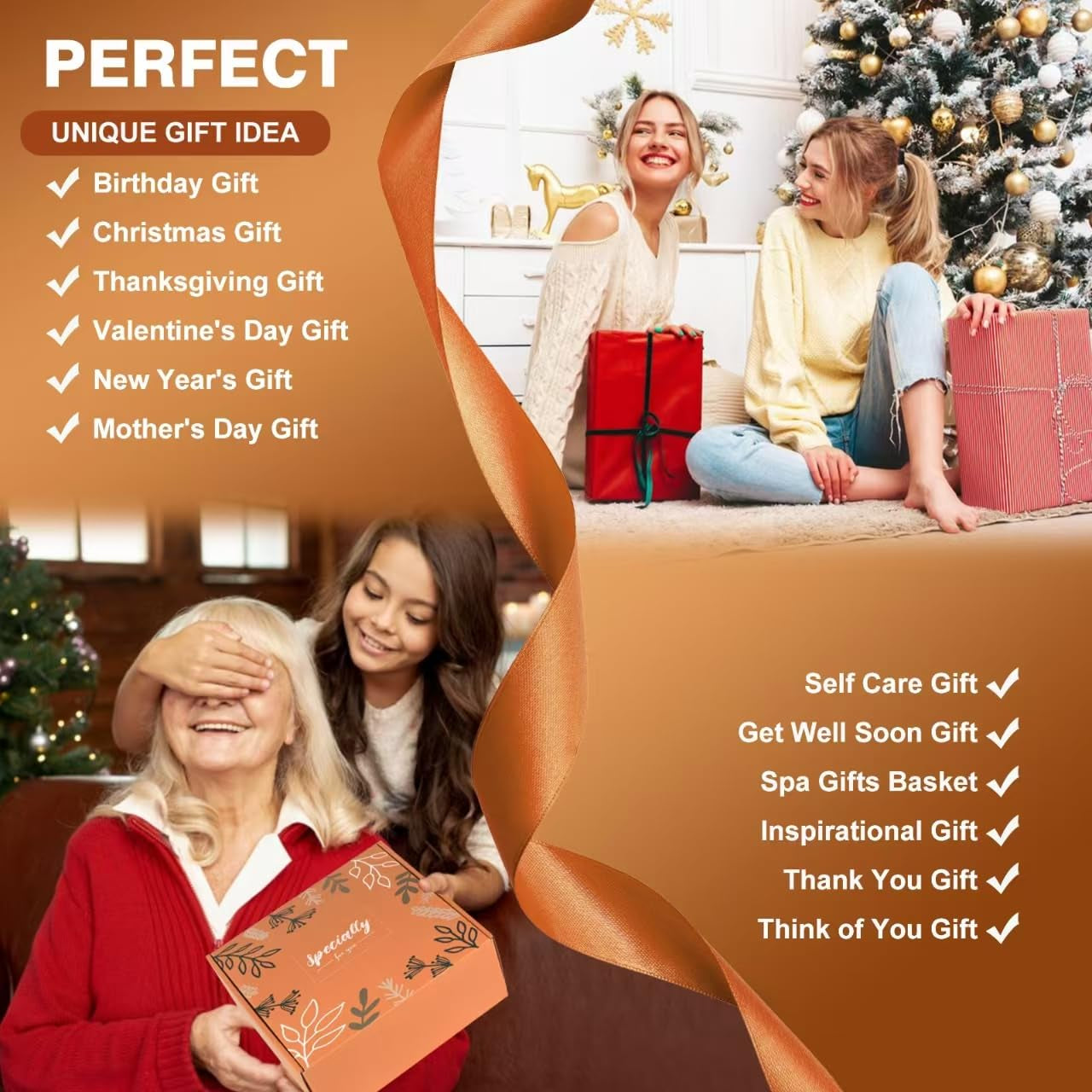 Grandma Christmas Gifts Basket,Orange Birthday Gifts for Mom Women Her Girlfriend Wife Coworker W/Fall Cozy Socks& Blanket,Autumn Self Care Package Bath Set,Thanksgiving, Christmas Gifts Box for Women