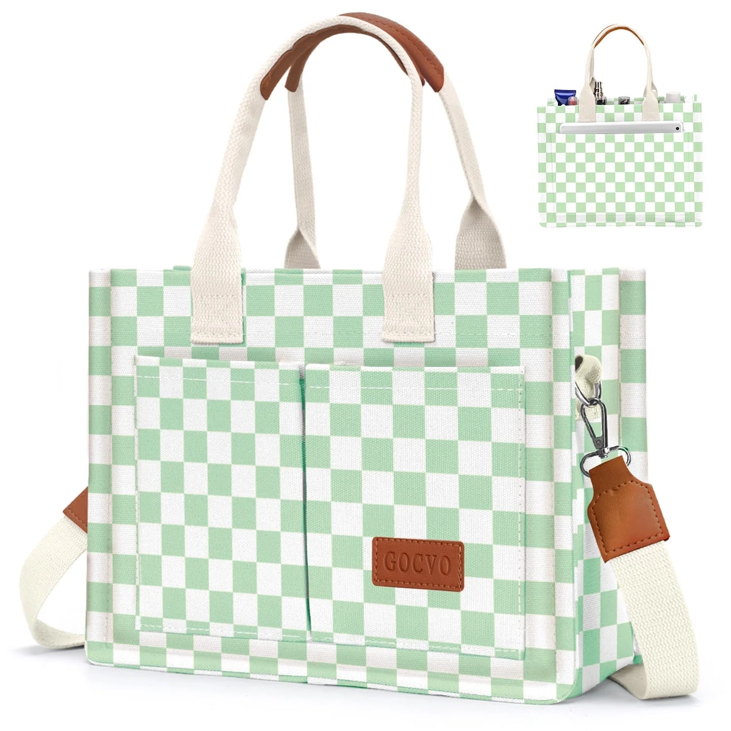 Gocvo Canvas Tote Bag for Women, Large Multi-Pocket Shoulder Handbag, Crossbody Messenger Bag, Khaki Plaid
