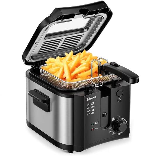 Electric Deep Fryer with Basket and Lid, 5.9 Qt Enamel Fry Pot, 2.6 Qt Oil Capacity, Stainless Steel Oil Fryer for Home, Chicken & French Fries Maker, Easy Clean Deep Fat Fryer