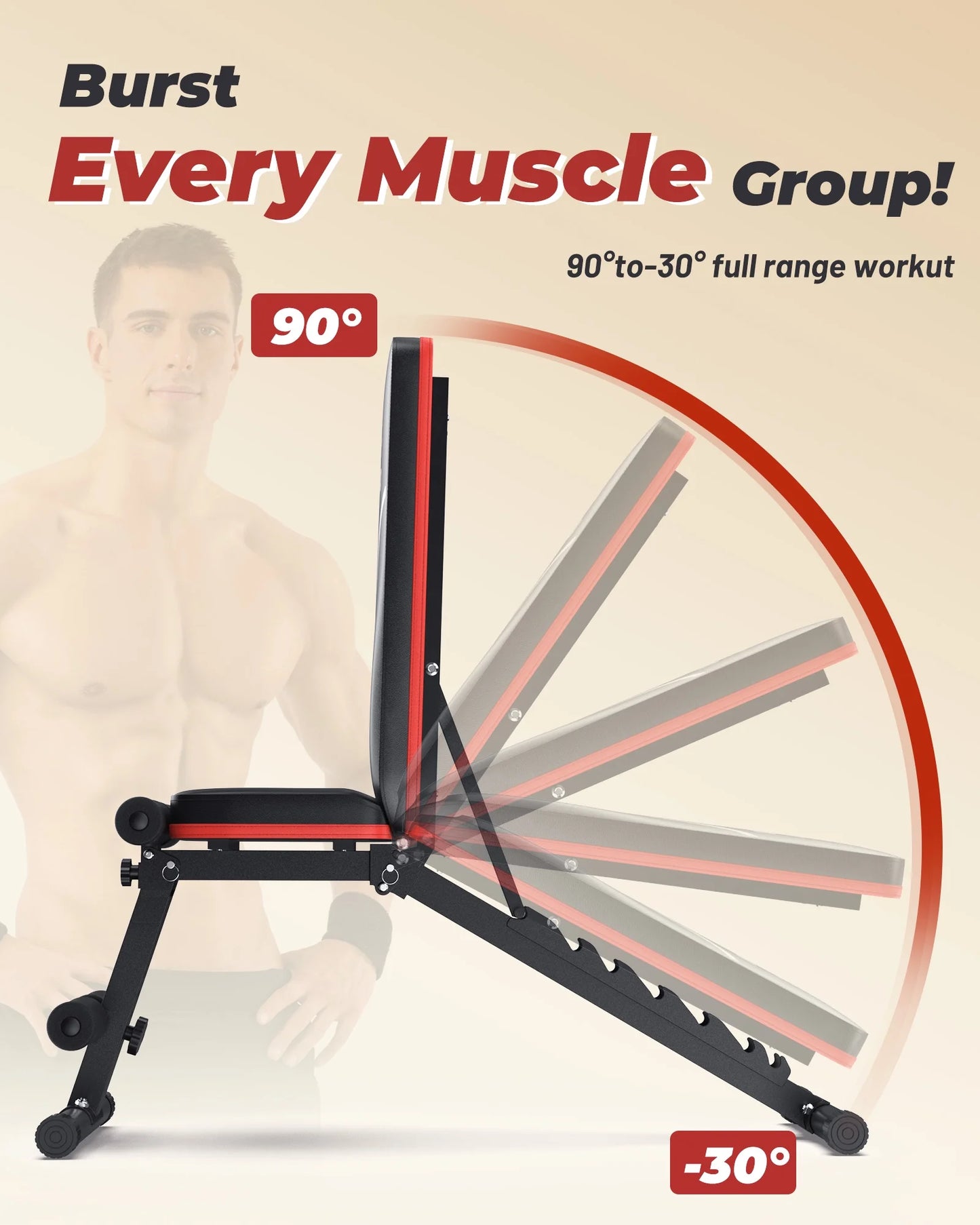 Flybird Adjustable Folding Weight Bench for Home Gym, Includes Resistance Bands