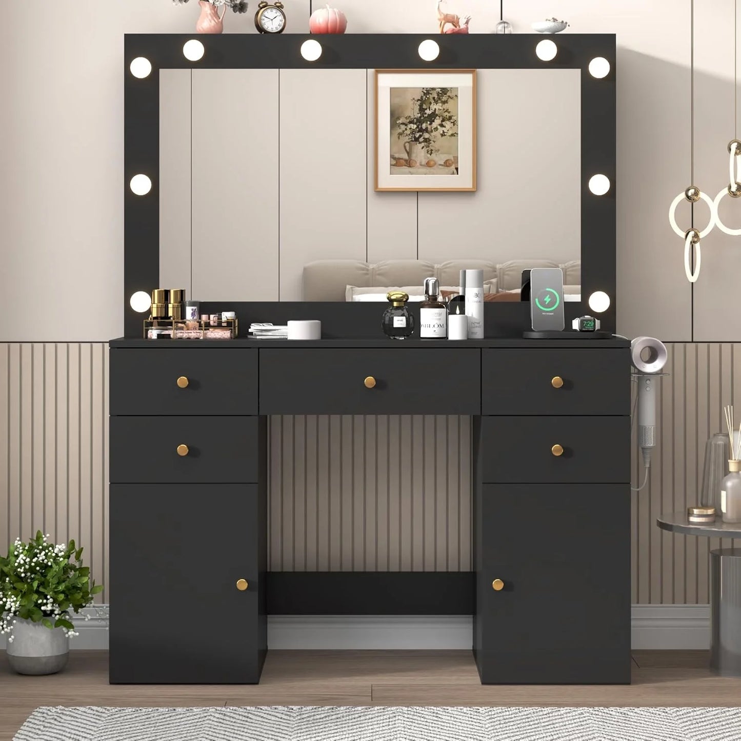 Black Vanity Desk with Large Lighted Mirror & Power Outlet, Makeup Vanity Table with Glass Top & Drawers, Sliding Storage, 44.1" Large Makeup Vanity Table for Women Girls, Black